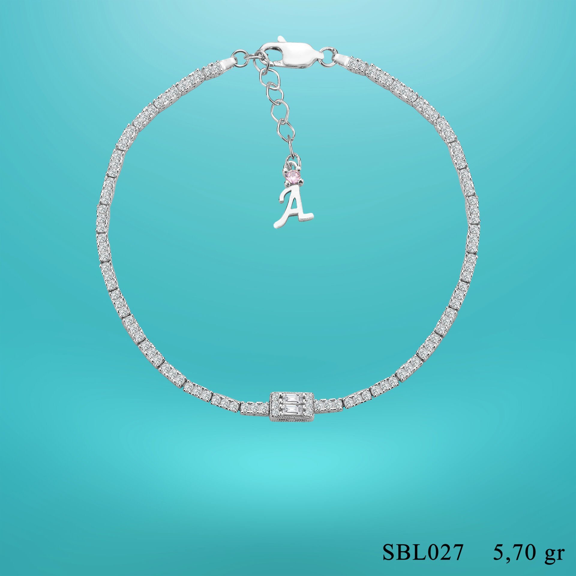 925 Ayar Gümüş Üç Taş Baget Zincir Harfli Su Yolu Bileklik