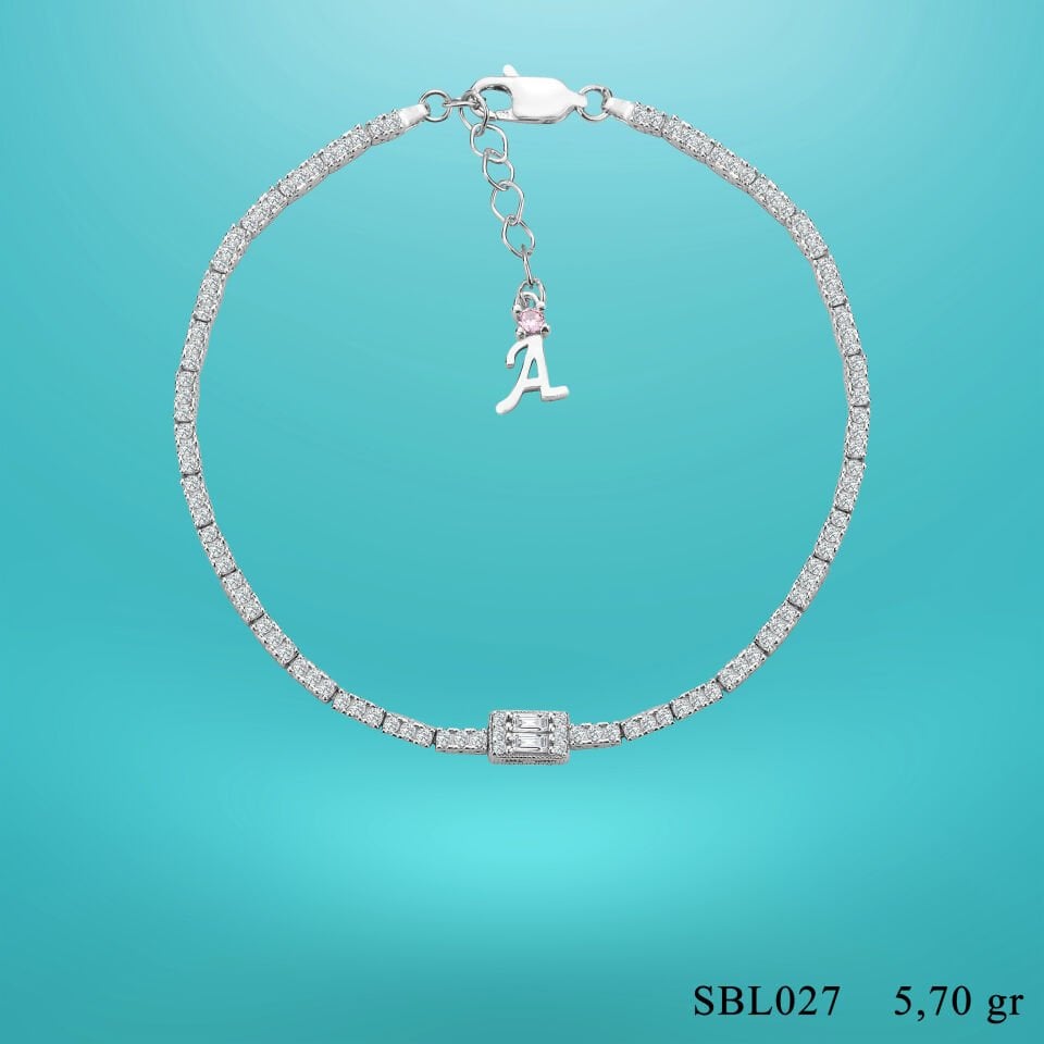 925 Ayar Gümüş Üç Taş Baget Zincir Harfli Su Yolu Bileklik