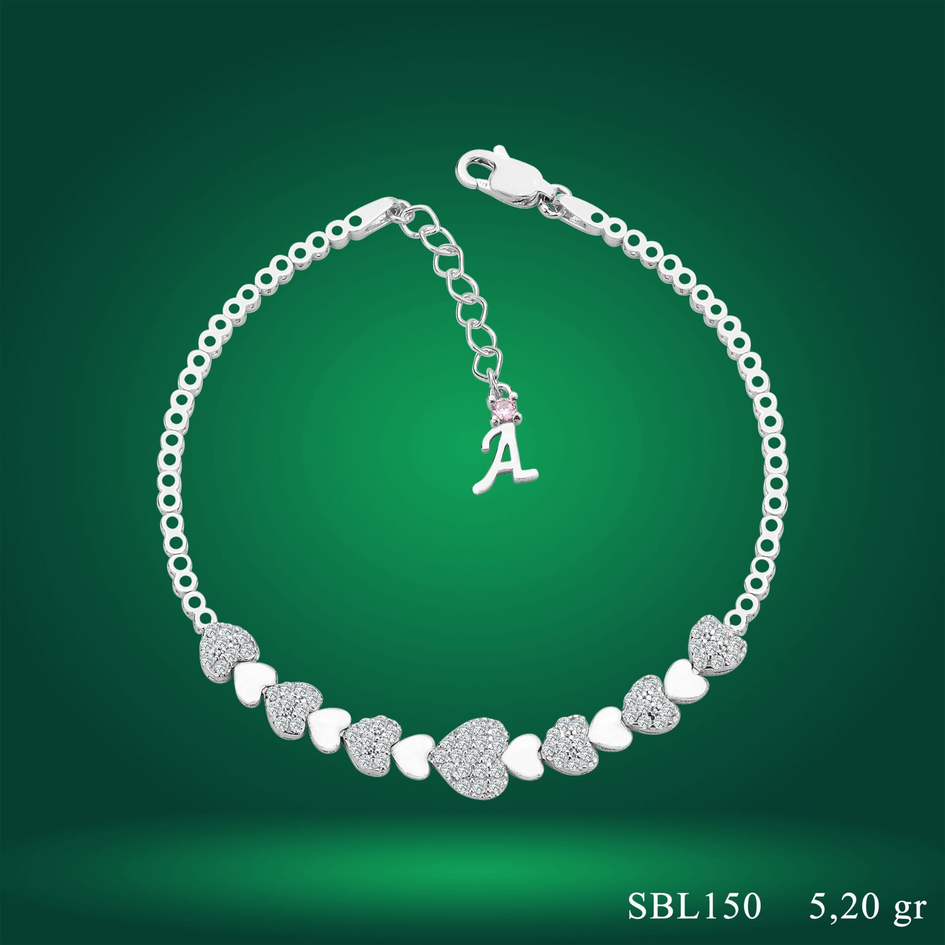 925 Ayar Gümüş Kalp Model Zincir Harfli Su Yolu Bileklik