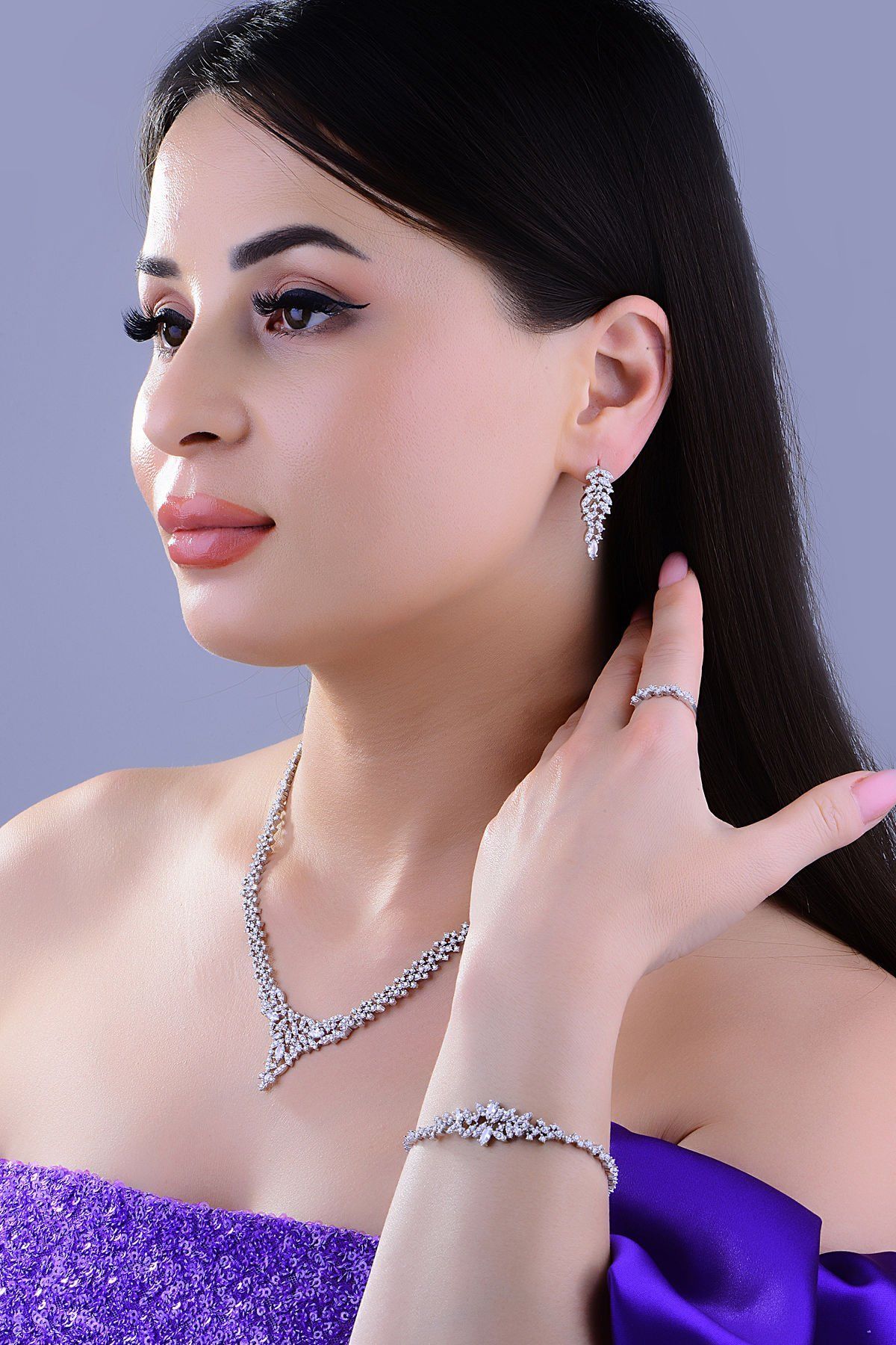 BARIŞ TAKI 925 Ayar Gümüş Tam Tur Mekik V Model Su Yolu Bayan Düğün Seti