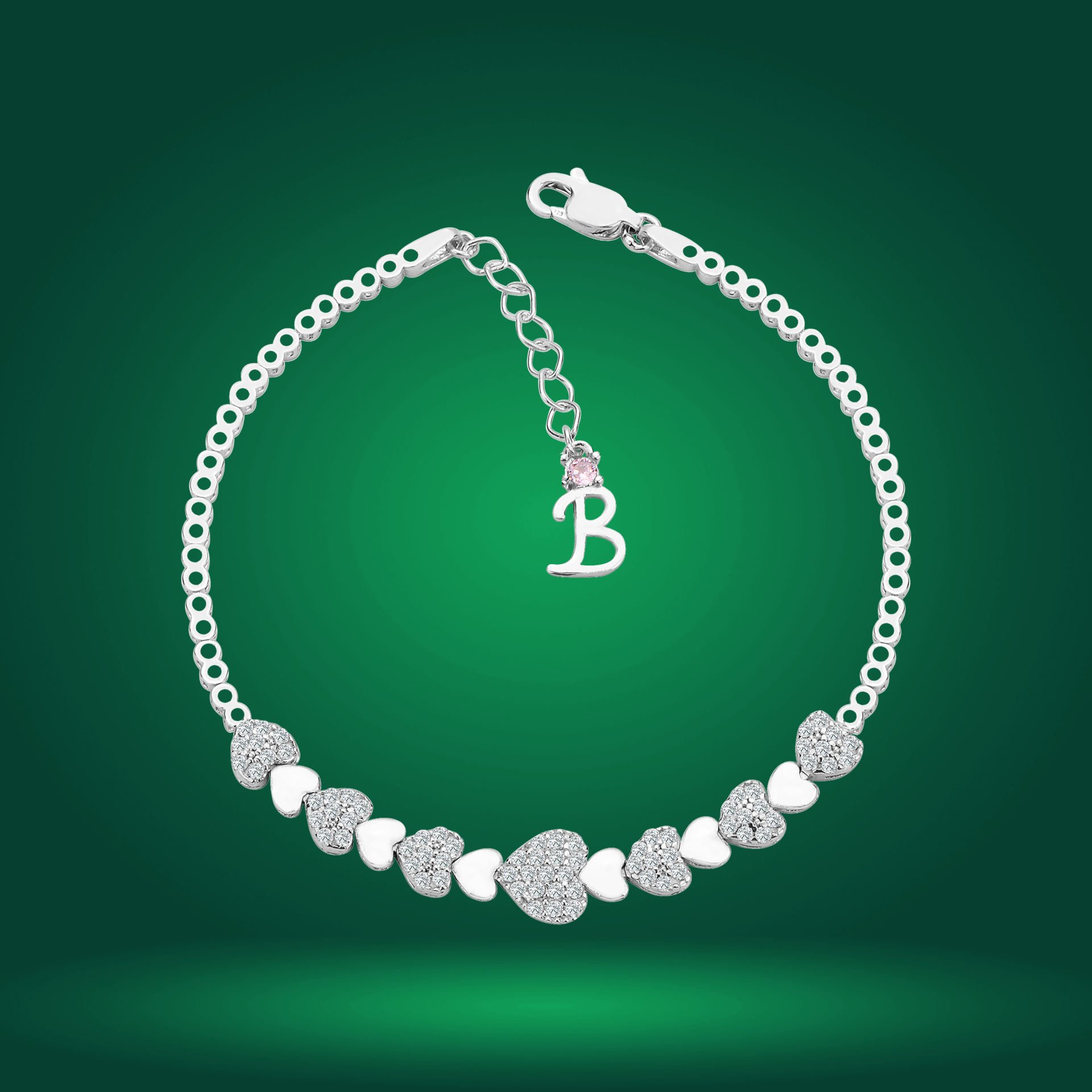 925 Ayar Gümüş Kalp Model Zincir Harfli Su Yolu Bileklik B