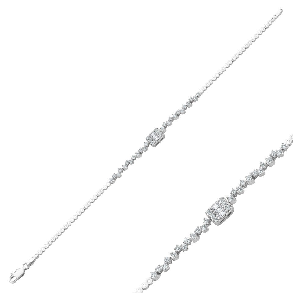 925 Ayar Gümüş Pırlanta Montürlü Baget Zincir Harfli Su Yolu Bileklik