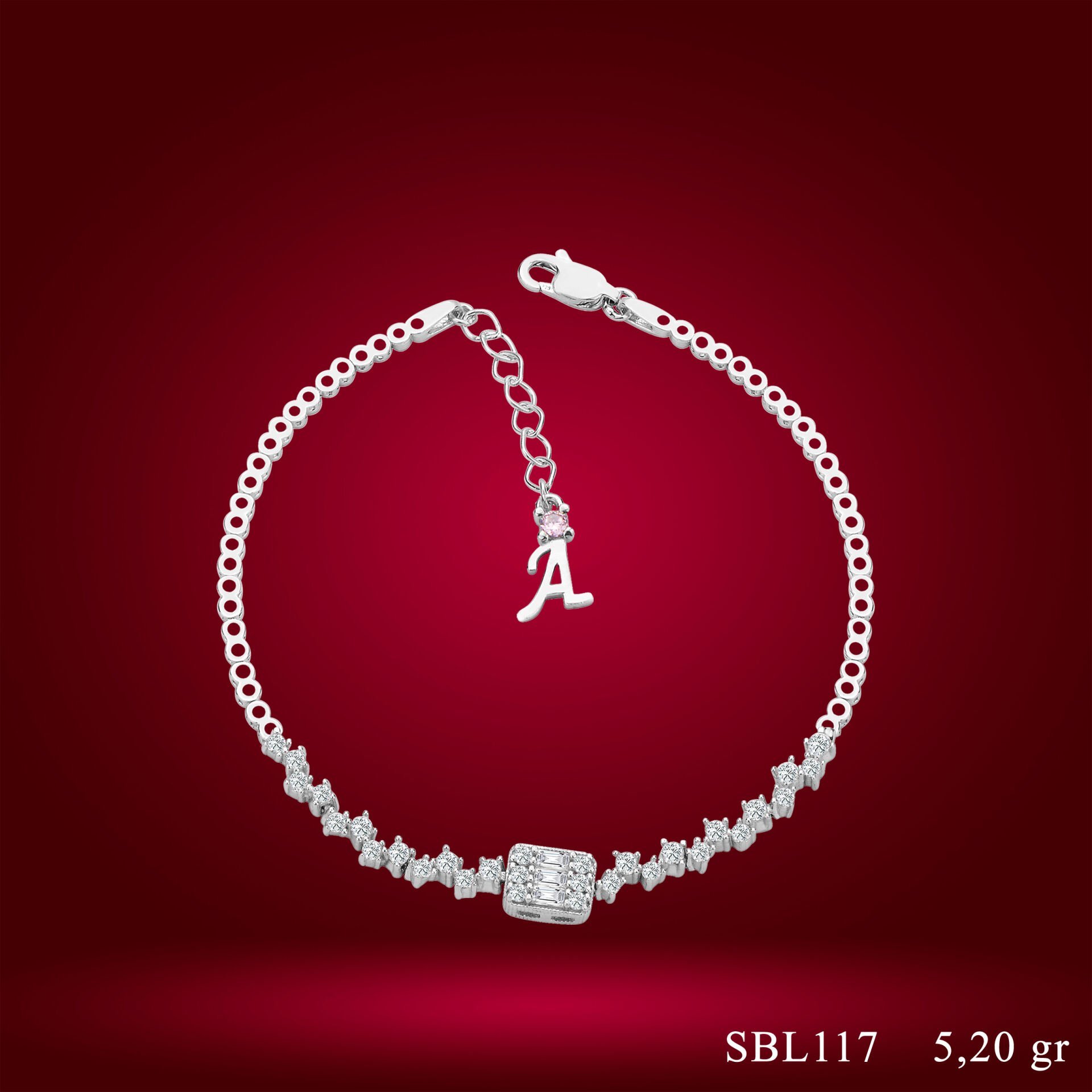 925 Ayar Gümüş Pırlanta Montürlü Baget Zincir Harfli Su Yolu Bileklik