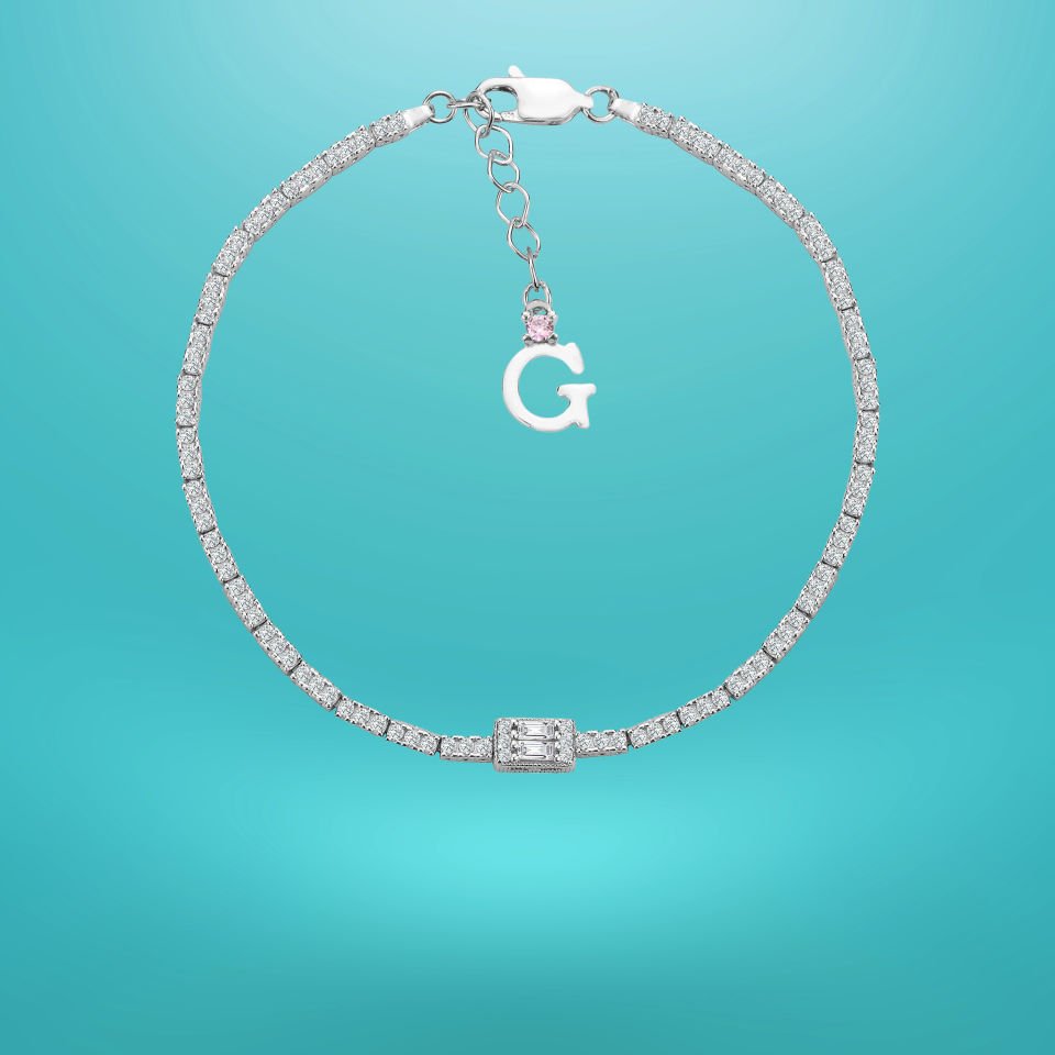 925 Ayar Gümüş Üç Taş Baget Zincir Harfli Su Yolu Bileklik G