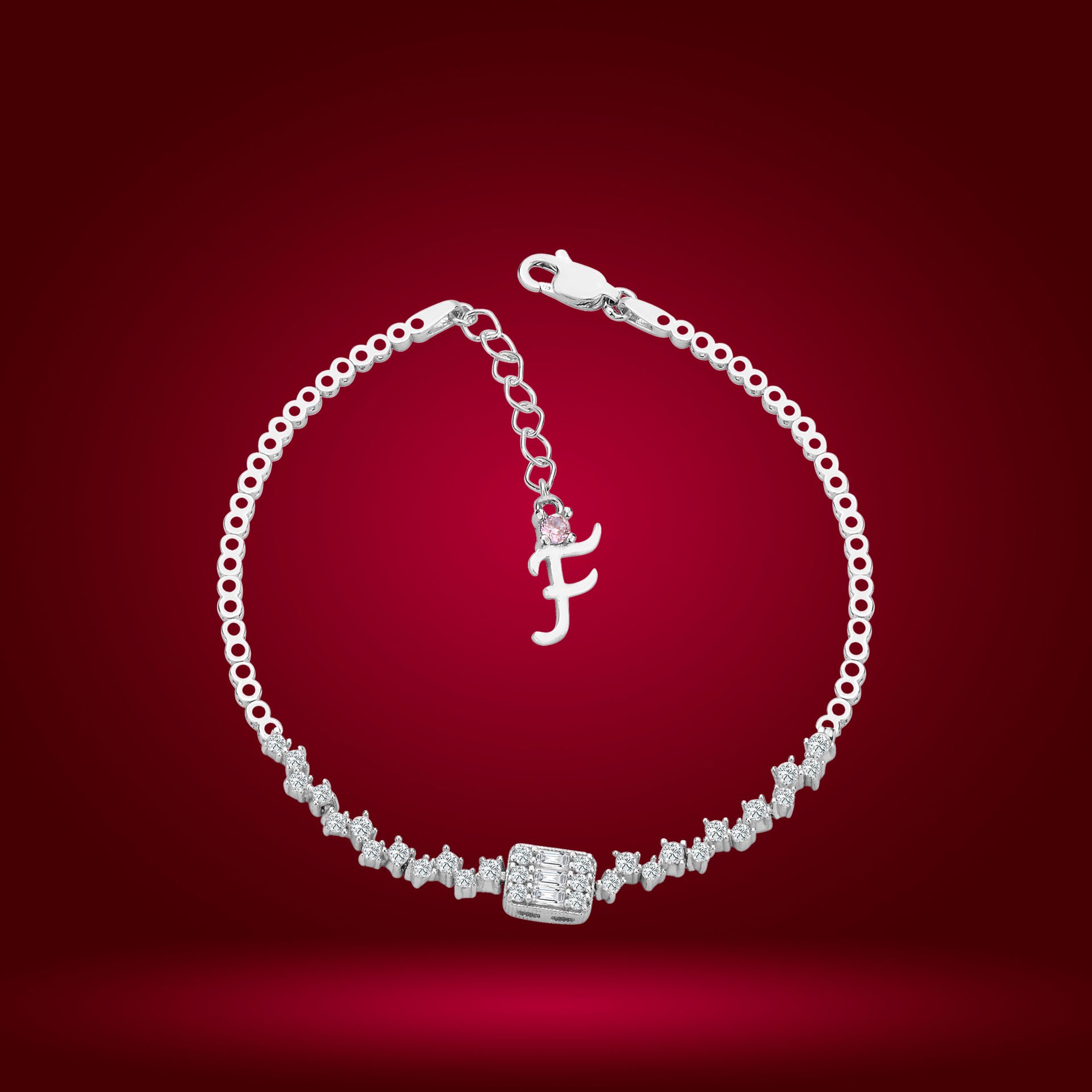 925 Ayar Gümüş Pırlanta Montürlü Baget Zincir Harfli Su Yolu Bileklik F