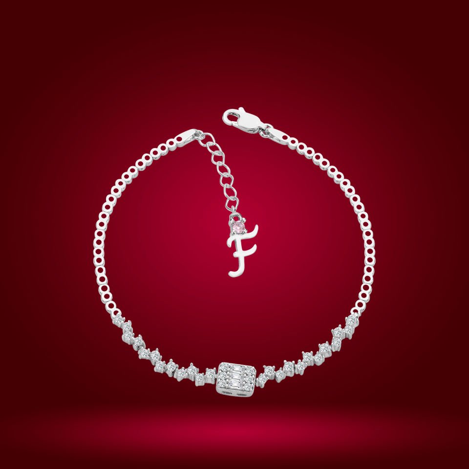 925 Ayar Gümüş Pırlanta Montürlü Baget Zincir Harfli Su Yolu Bileklik F