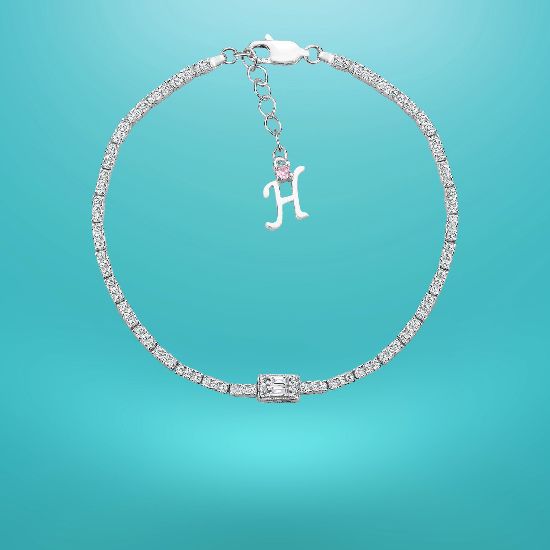 925 Ayar Gümüş Üç Taş Baget Zincir Harfli Su Yolu Bileklik H