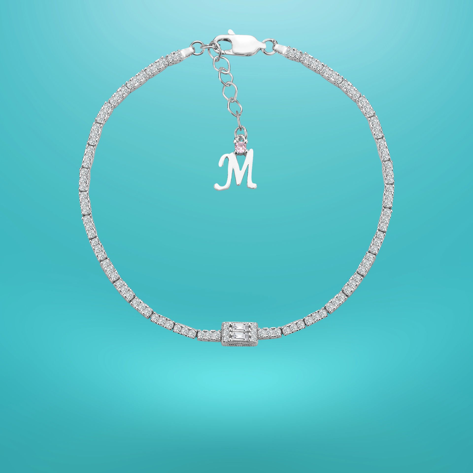 925 Ayar Gümüş Üç Taş Baget Zincir Harfli Su Yolu Bileklik M