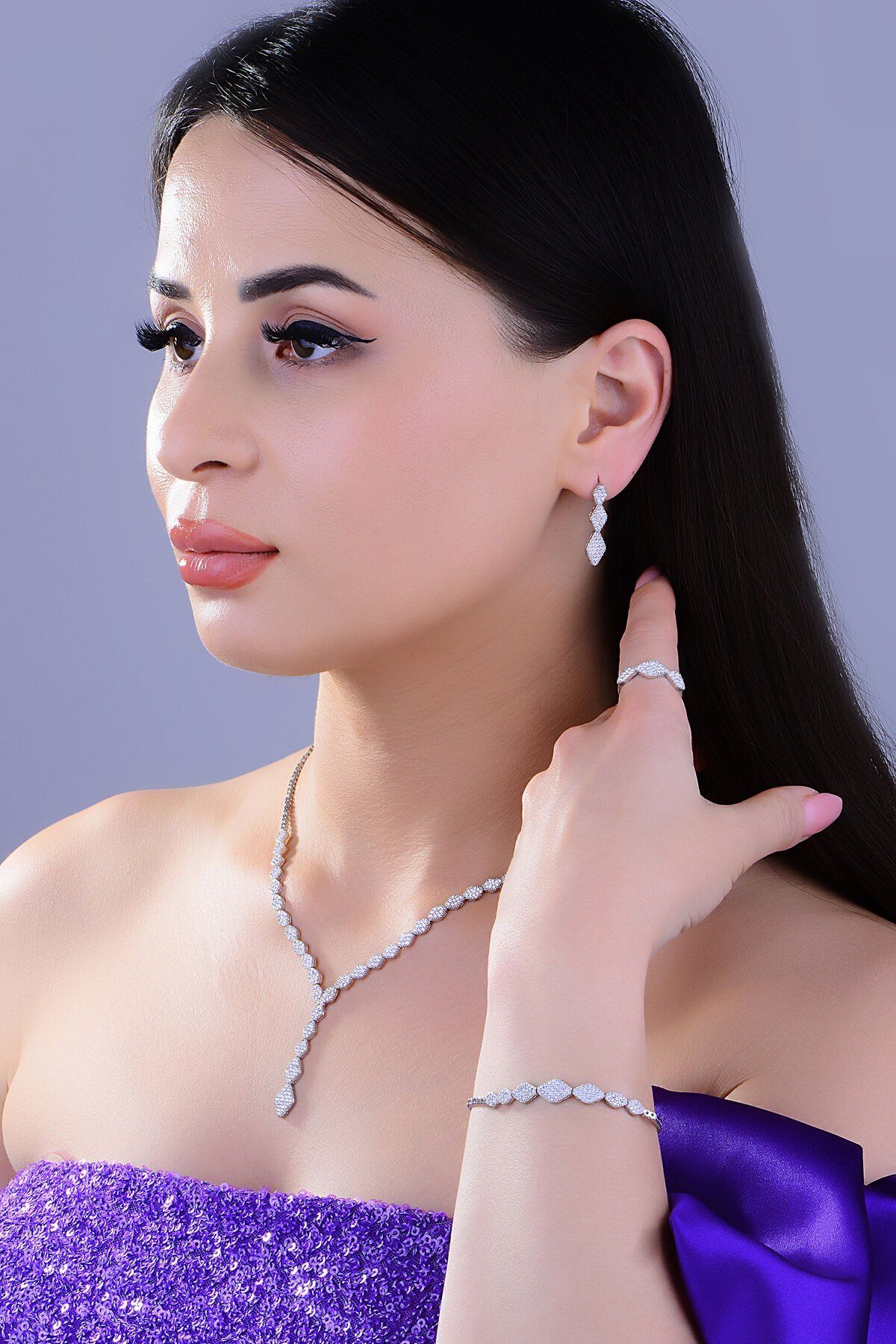 BARIŞ TAKI Kadın 925 Ayar Gümüş  Salkım Pırlanta Montür Su Yolu Set