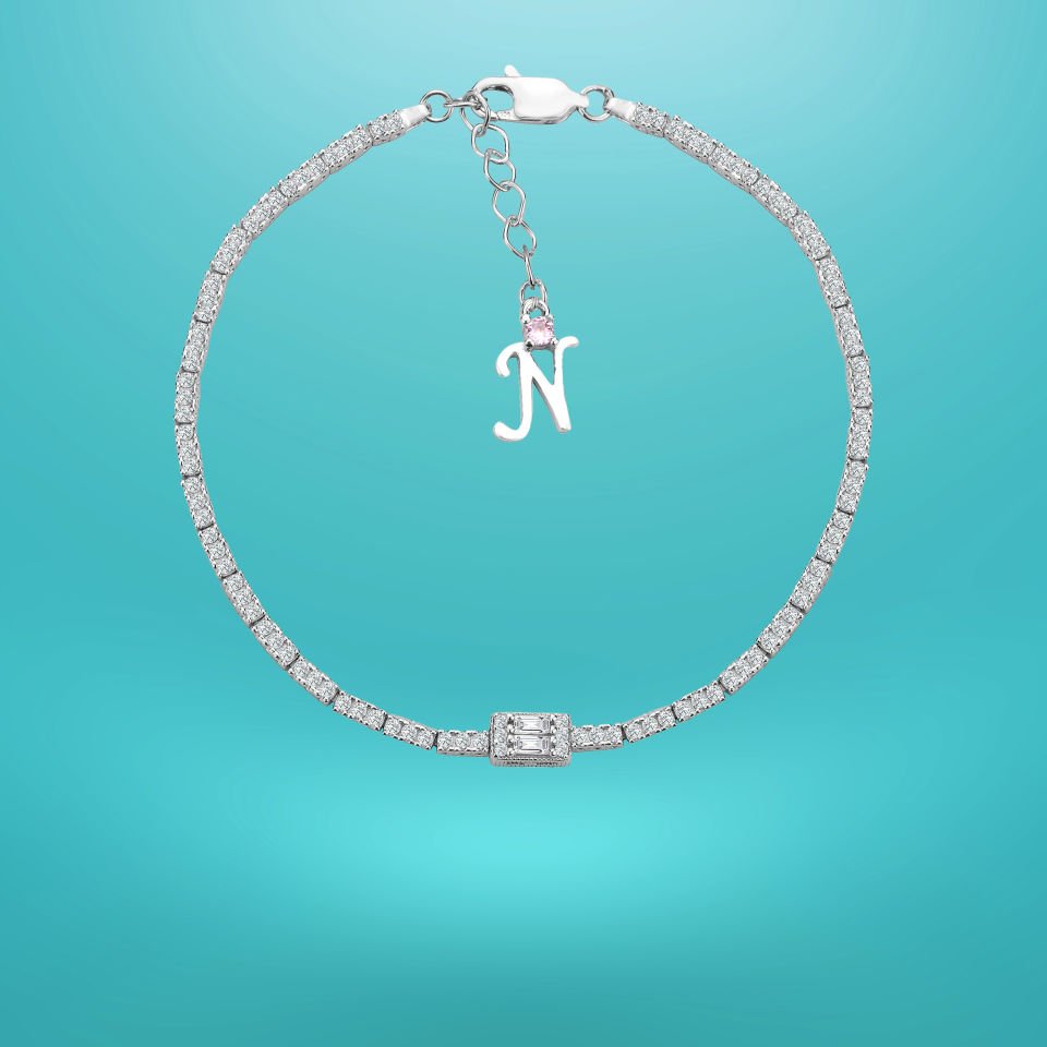 925 Ayar Gümüş Üç Taş Baget Zincir Harfli Su Yolu Bileklik N