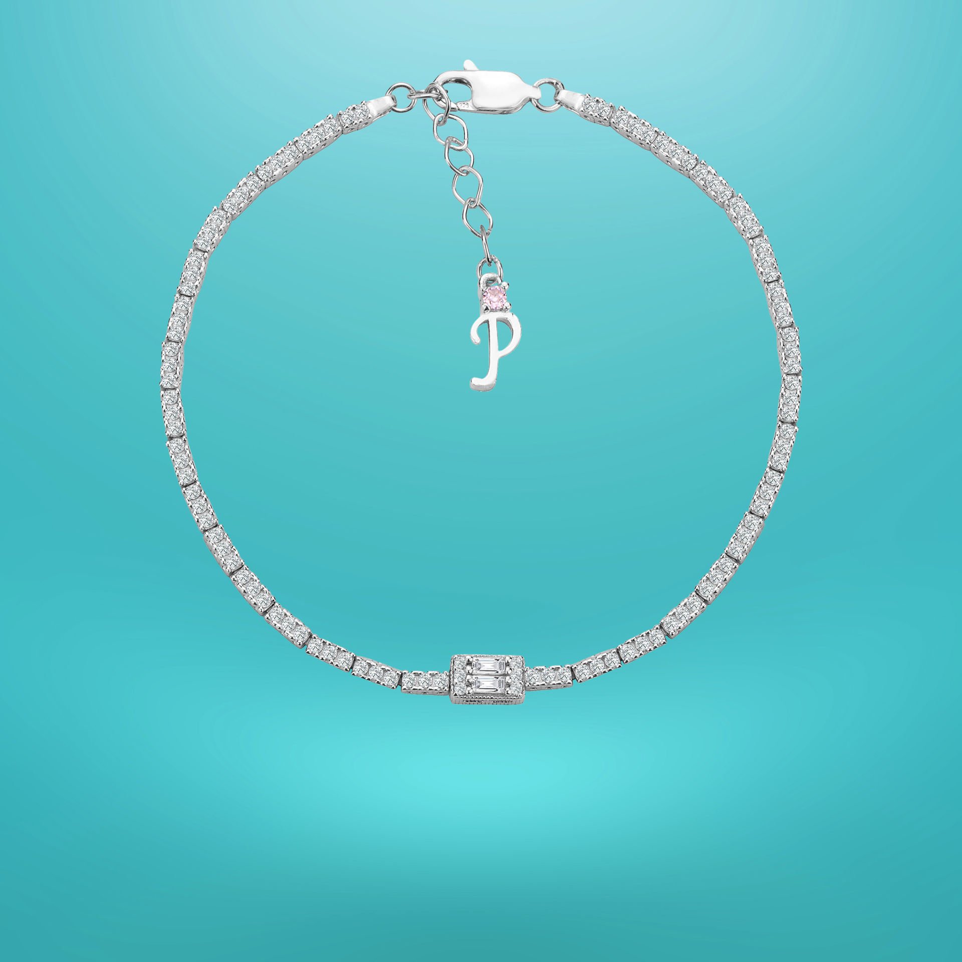 925 Ayar Gümüş Üç Taş Baget Zincir Harfli Su Yolu Bileklik P