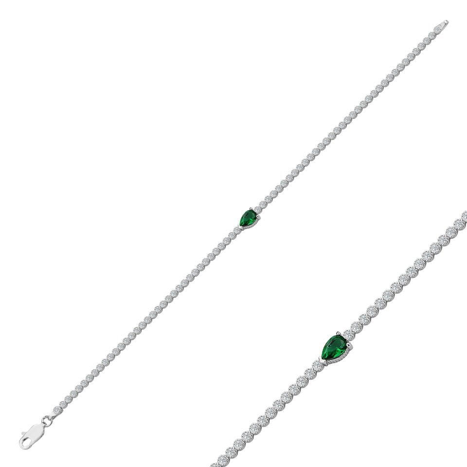 925 Ayar Gümüş Pırlanta Montürlü Damla Zincir Harfli Su Yolu Bileklik