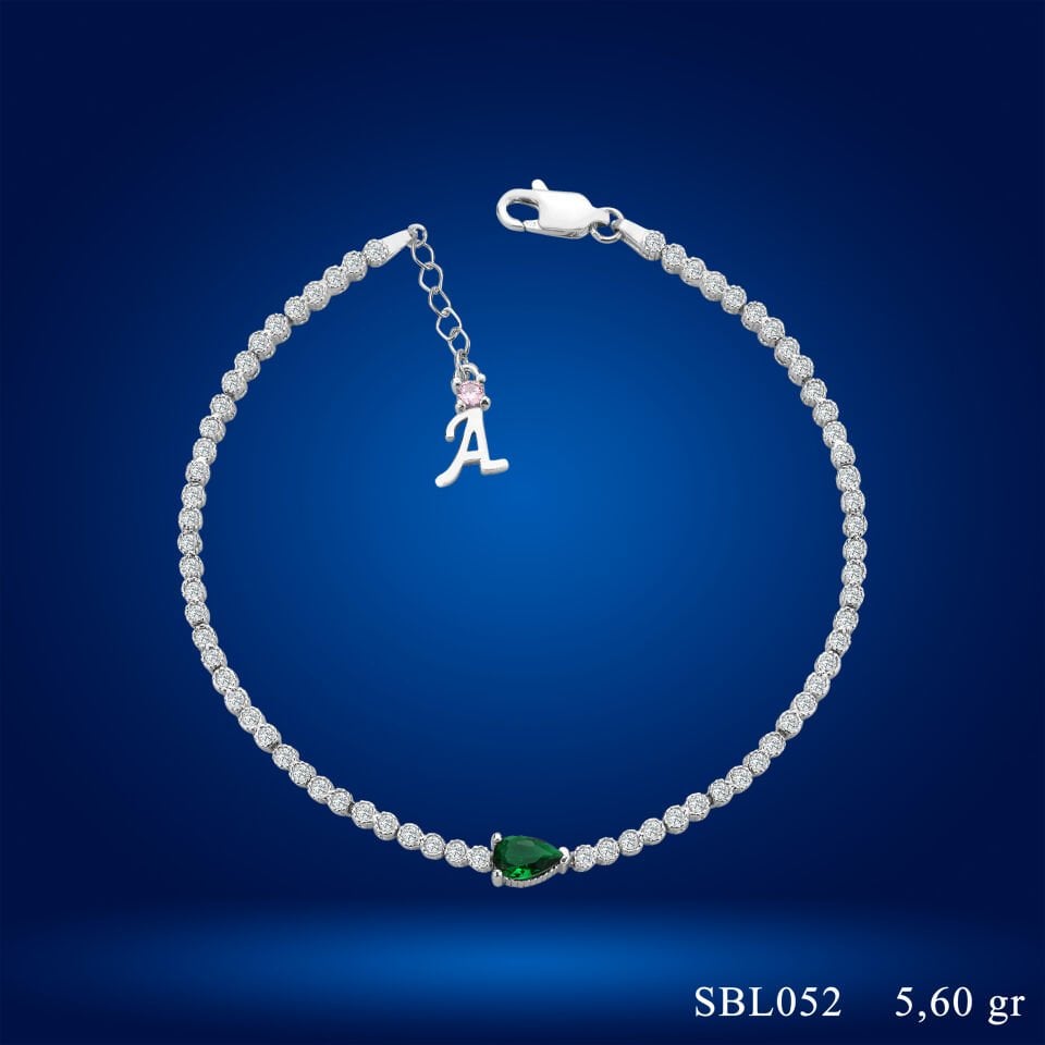 925 Ayar Gümüş Pırlanta Montürlü Damla Zincir Harfli Su Yolu Bileklik