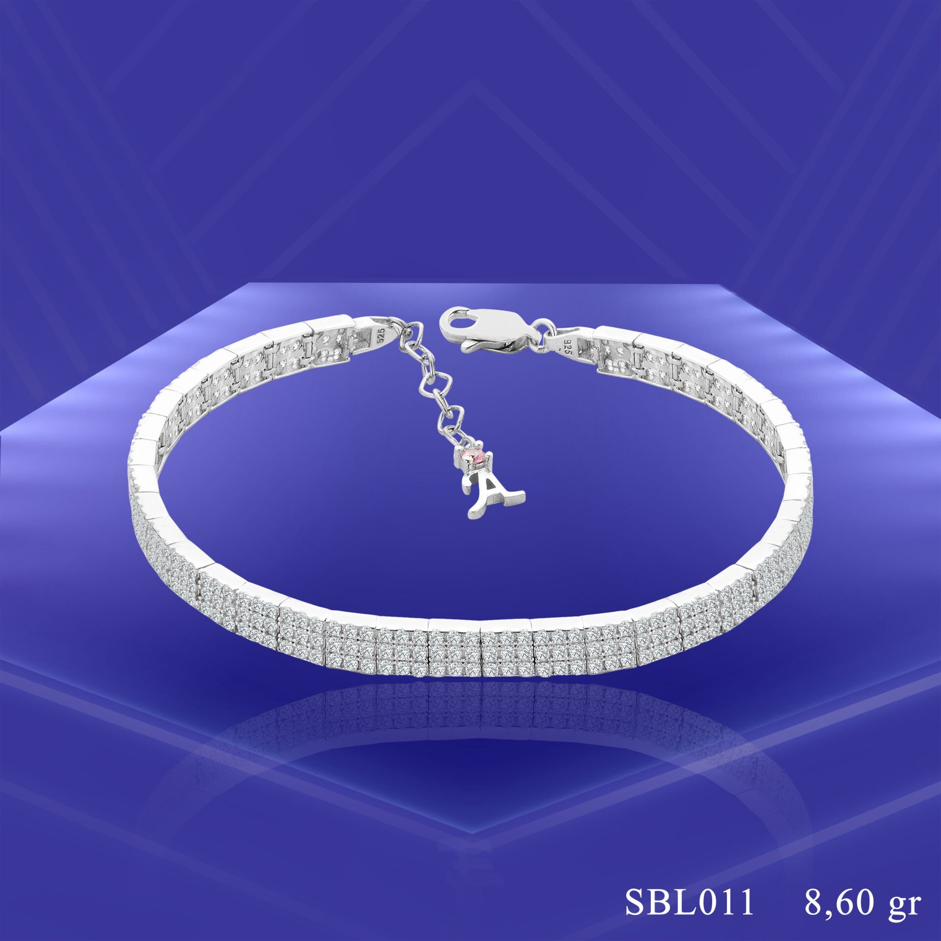 925 Ayar Gümüş 3 Sıra Ful Taşlı Harfli Su Yolu Bileklik