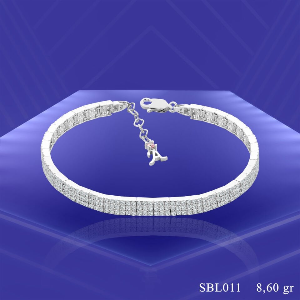 925 Ayar Gümüş 3 Sıra Ful Taşlı Harfli Su Yolu Bileklik