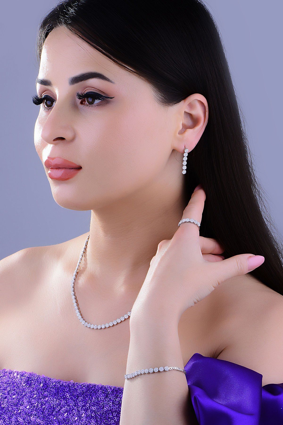 925 Ayar Gümüş Kalp Pırlanta Montür Su Yolu Set