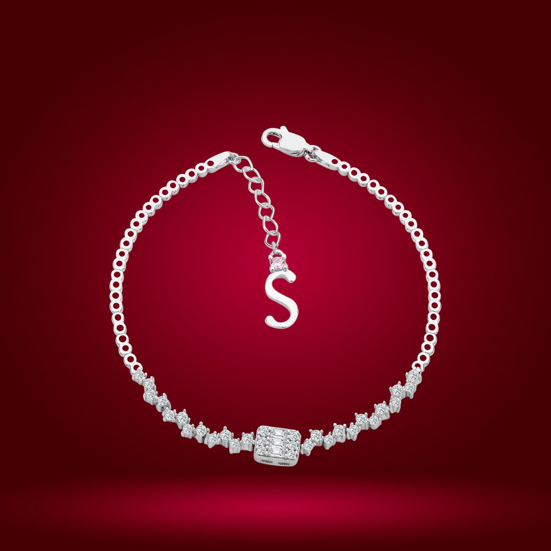 925 Ayar Gümüş Pırlanta Montürlü Baget Zincir Harfli Su Yolu Bileklik S