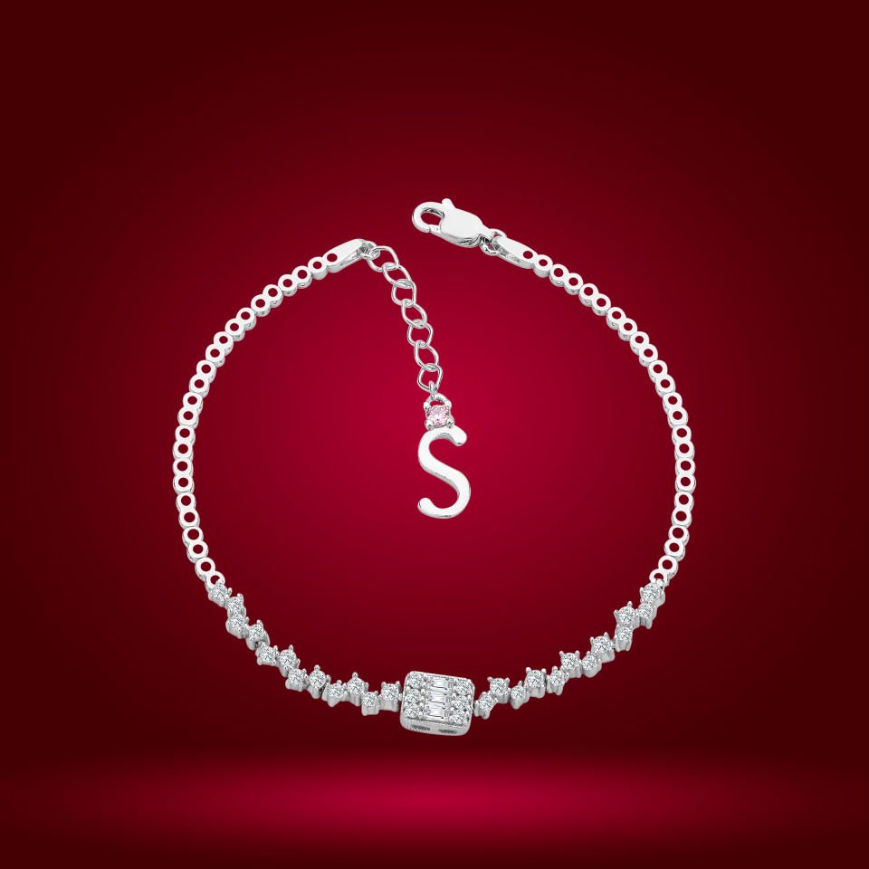 925 Ayar Gümüş Pırlanta Montürlü Baget Zincir Harfli Su Yolu Bileklik S