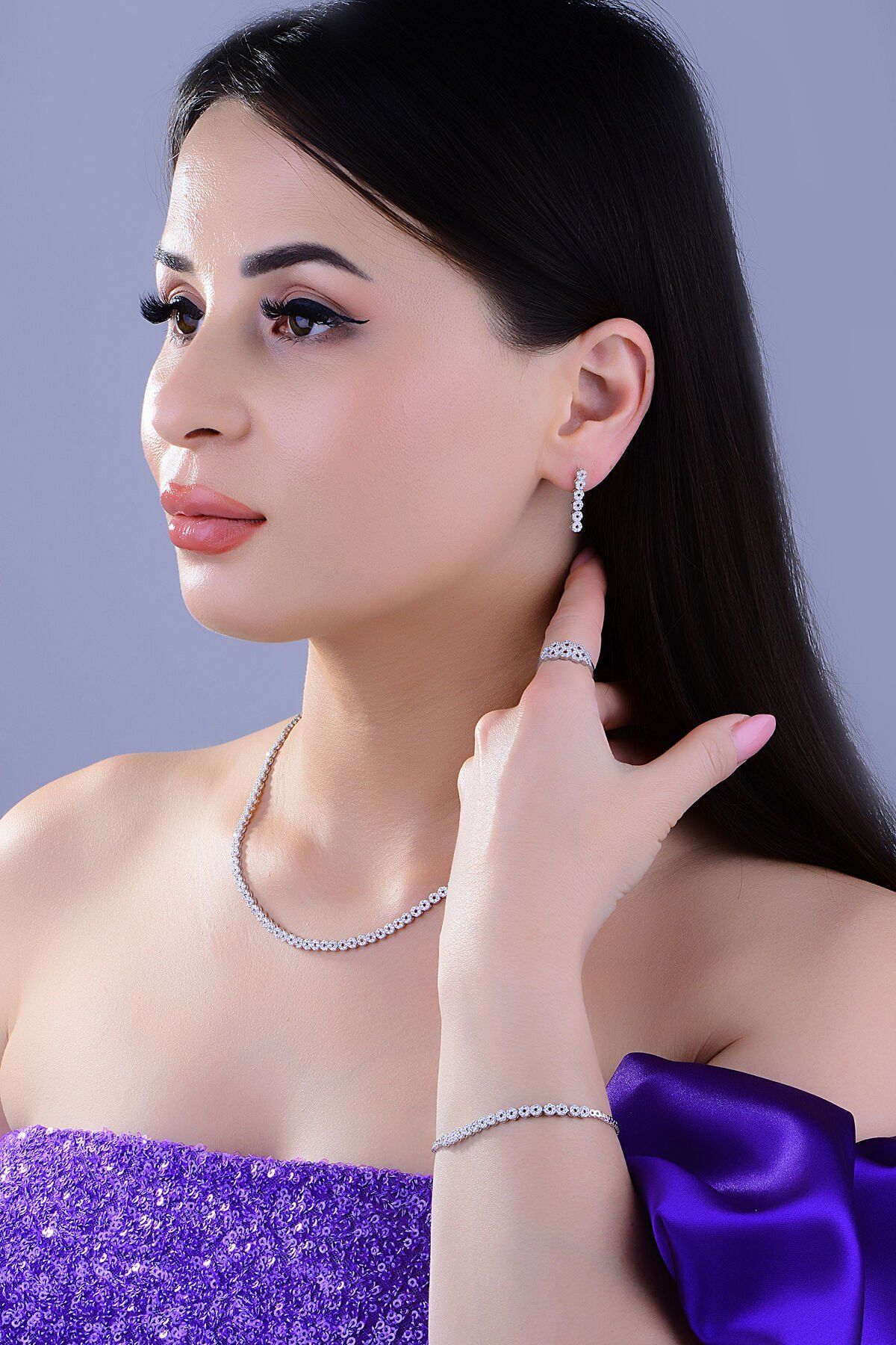 925 Ayar Gümüş Kalp Pırlanta Montür Su Yolu Set