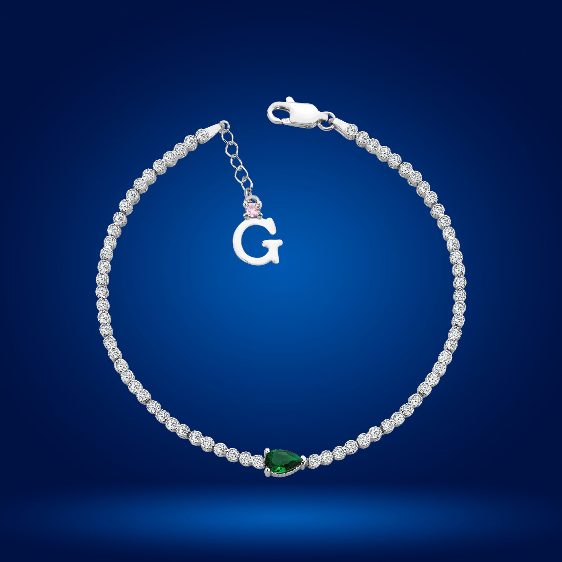 925 Ayar Gümüş Pırlanta Montürlü Damla Zincir Harfli Su Yolu Bileklik Ğ