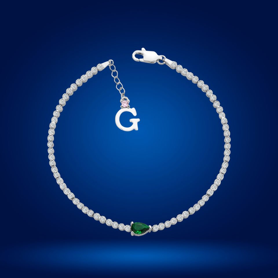 925 Ayar Gümüş Pırlanta Montürlü Damla Zincir Harfli Su Yolu Bileklik Ğ