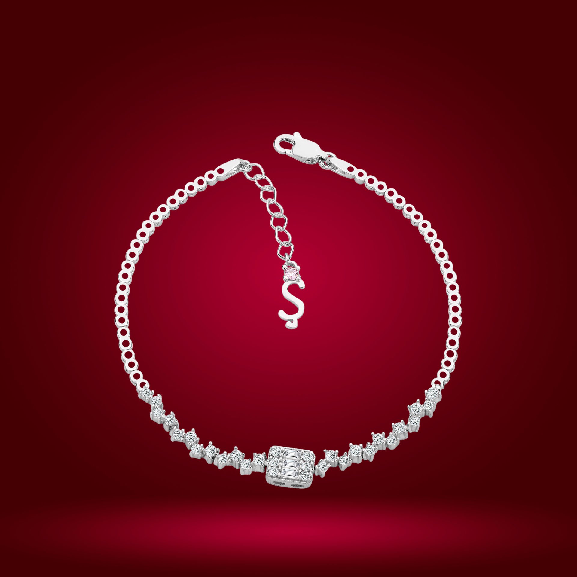 925 Ayar Gümüş Pırlanta Montürlü Baget Zincir Harfli Su Yolu Bileklik Ş