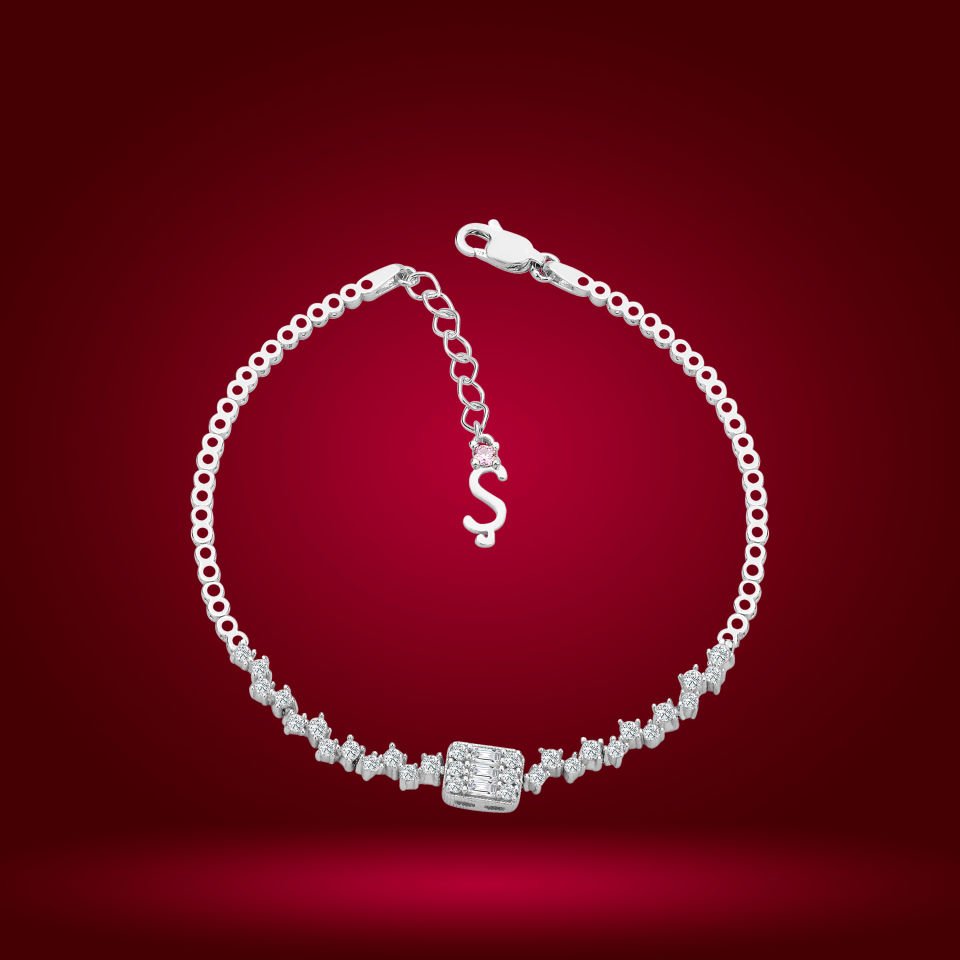 925 Ayar Gümüş Pırlanta Montürlü Baget Zincir Harfli Su Yolu Bileklik Ş