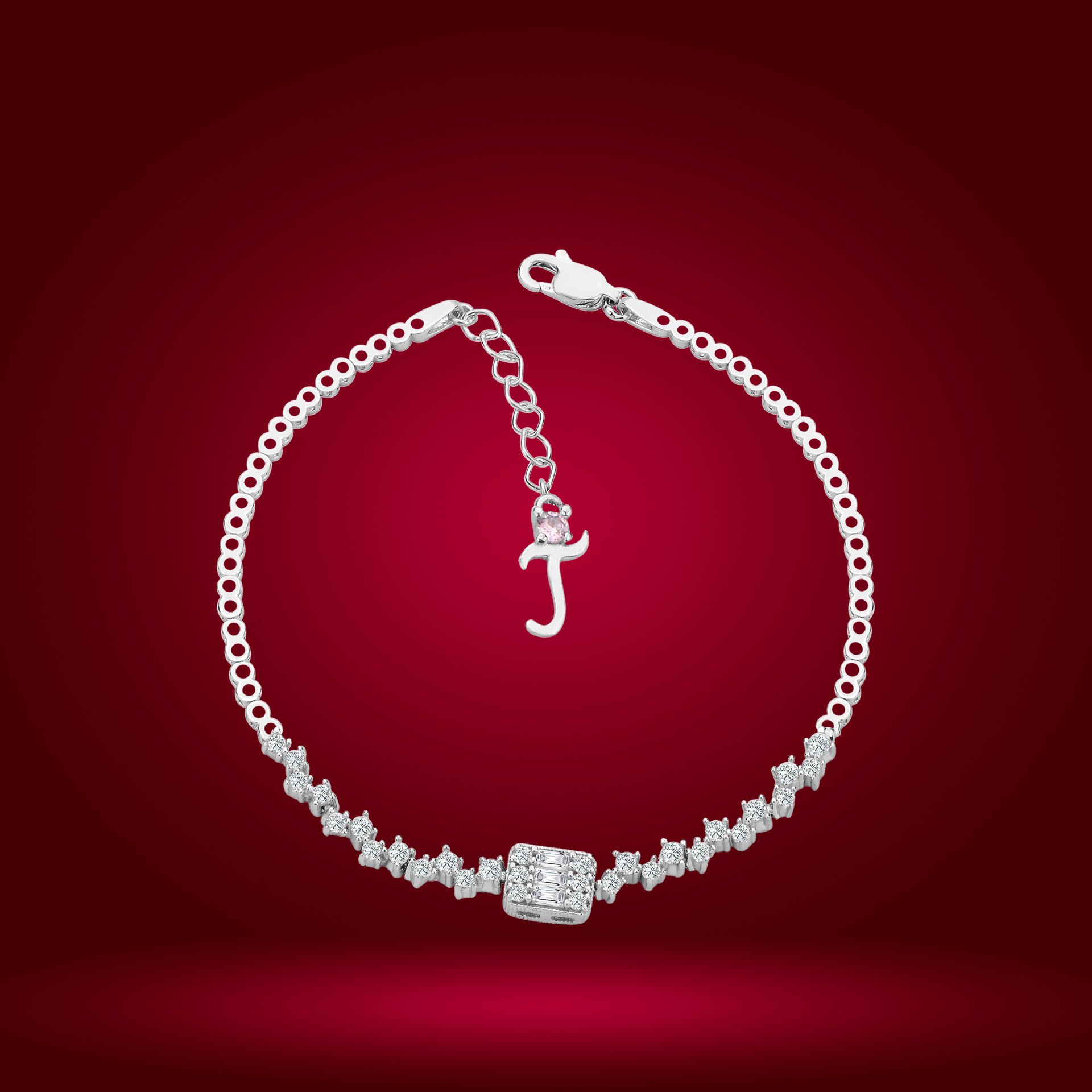 925 Ayar Gümüş Pırlanta Montürlü Baget Zincir Harfli Su Yolu Bileklik T