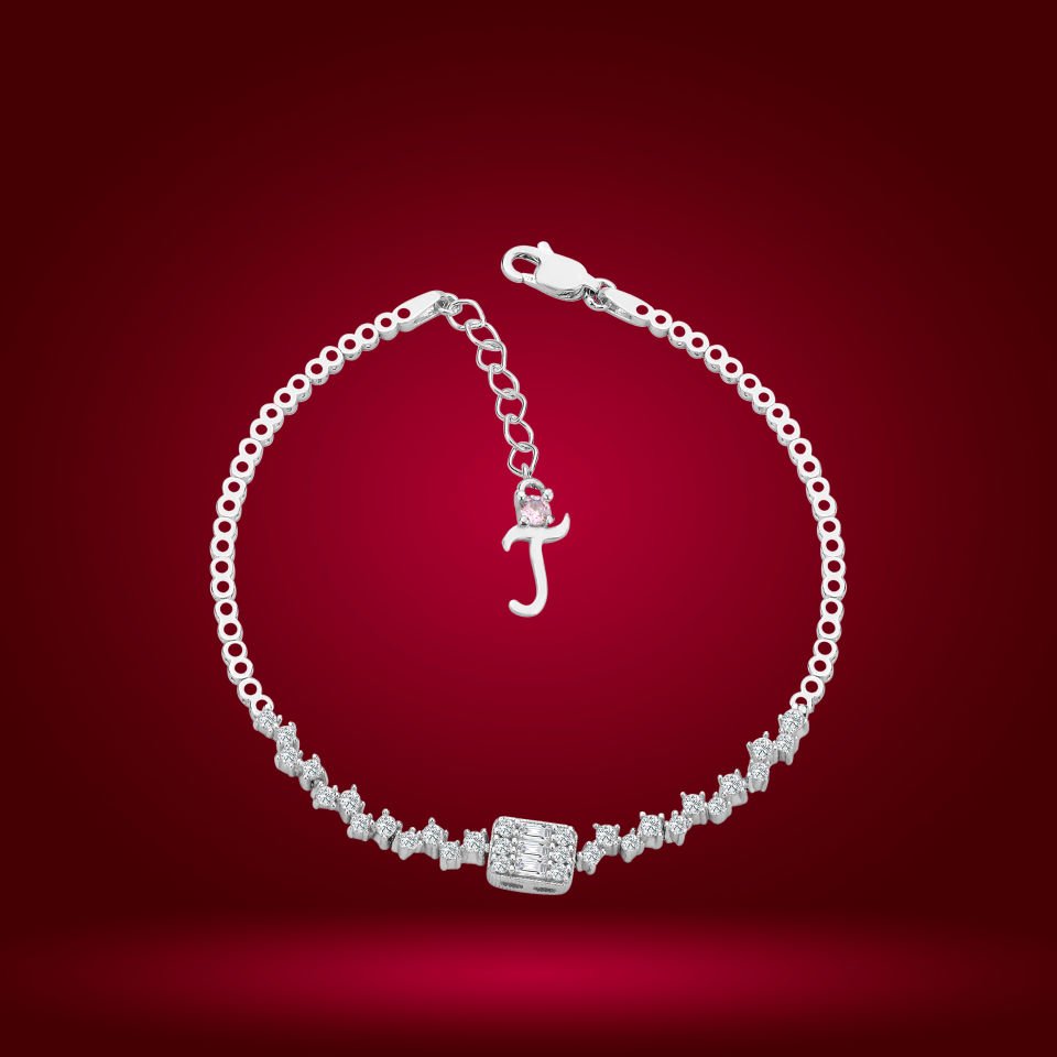 925 Ayar Gümüş Pırlanta Montürlü Baget Zincir Harfli Su Yolu Bileklik T