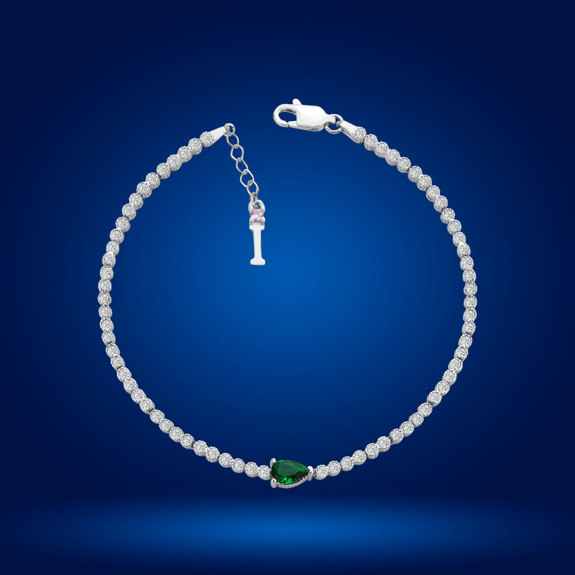 925 Ayar Gümüş Pırlanta Montürlü Damla Zincir Harfli Su Yolu Bileklik İ