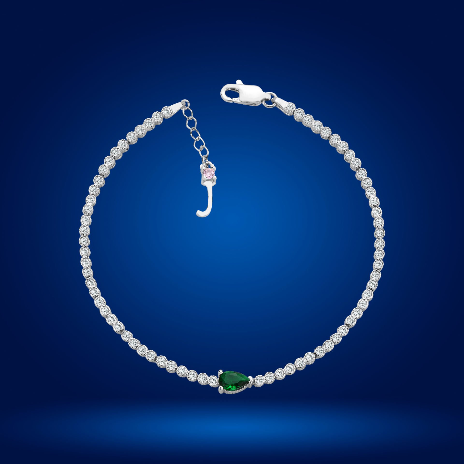 925 Ayar Gümüş Pırlanta Montürlü Damla Zincir Harfli Su Yolu Bileklik J