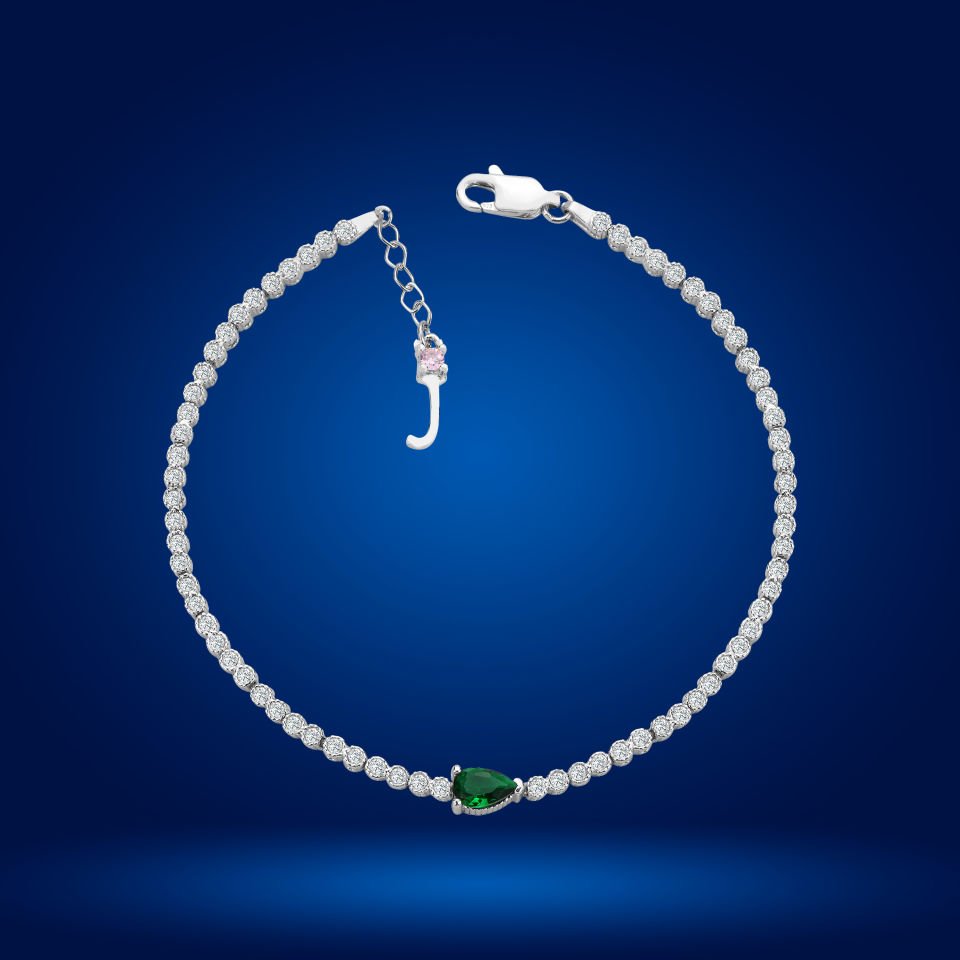 925 Ayar Gümüş Pırlanta Montürlü Damla Zincir Harfli Su Yolu Bileklik J