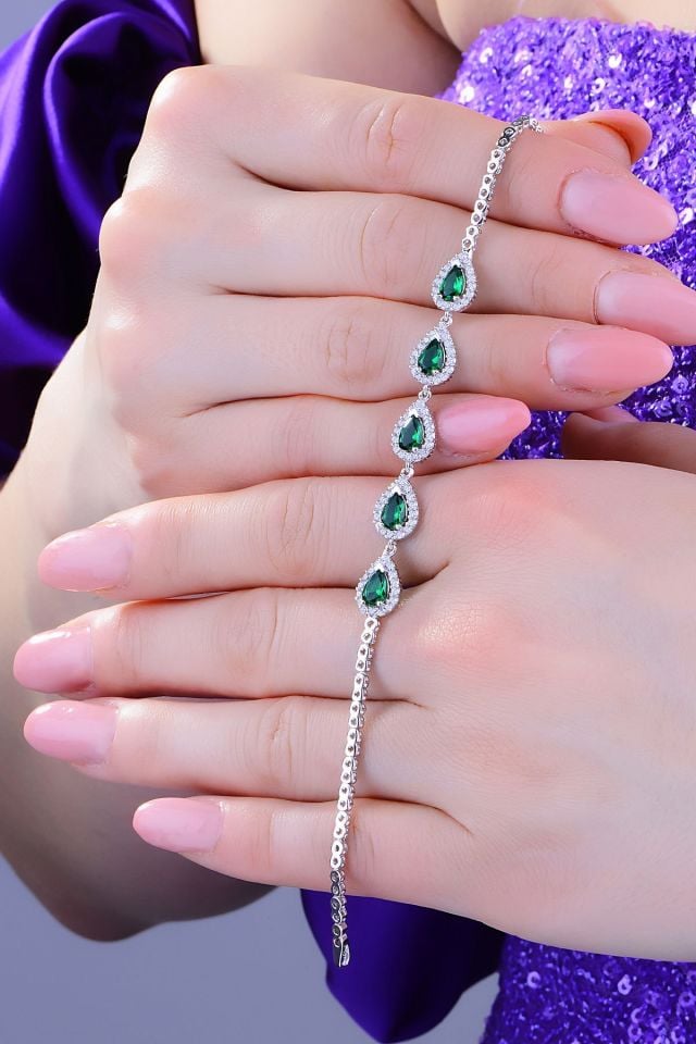 BARIŞ TAKI 925 Ayar Gümüş Yeşil Damla Pırlanta Montör Su Yolu Set