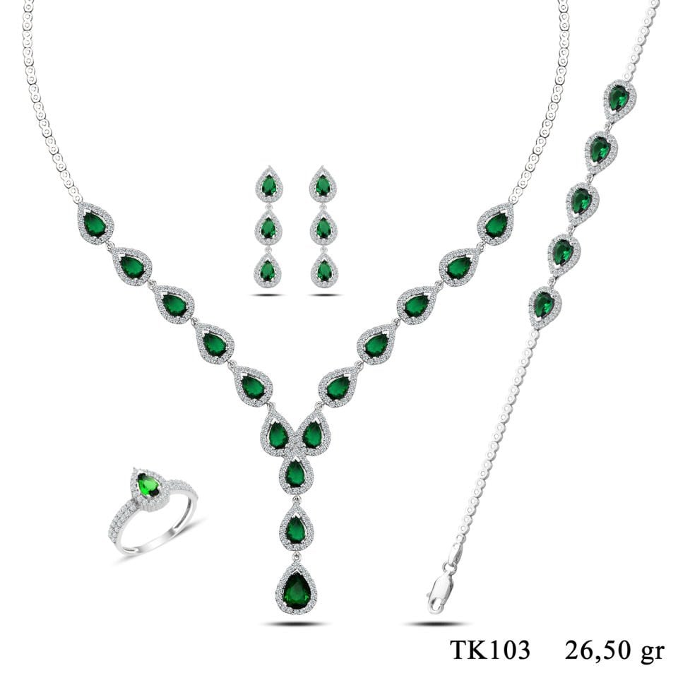 BARIŞ TAKI 925 Ayar Gümüş Yeşil Damla Pırlanta Montör Su Yolu Set