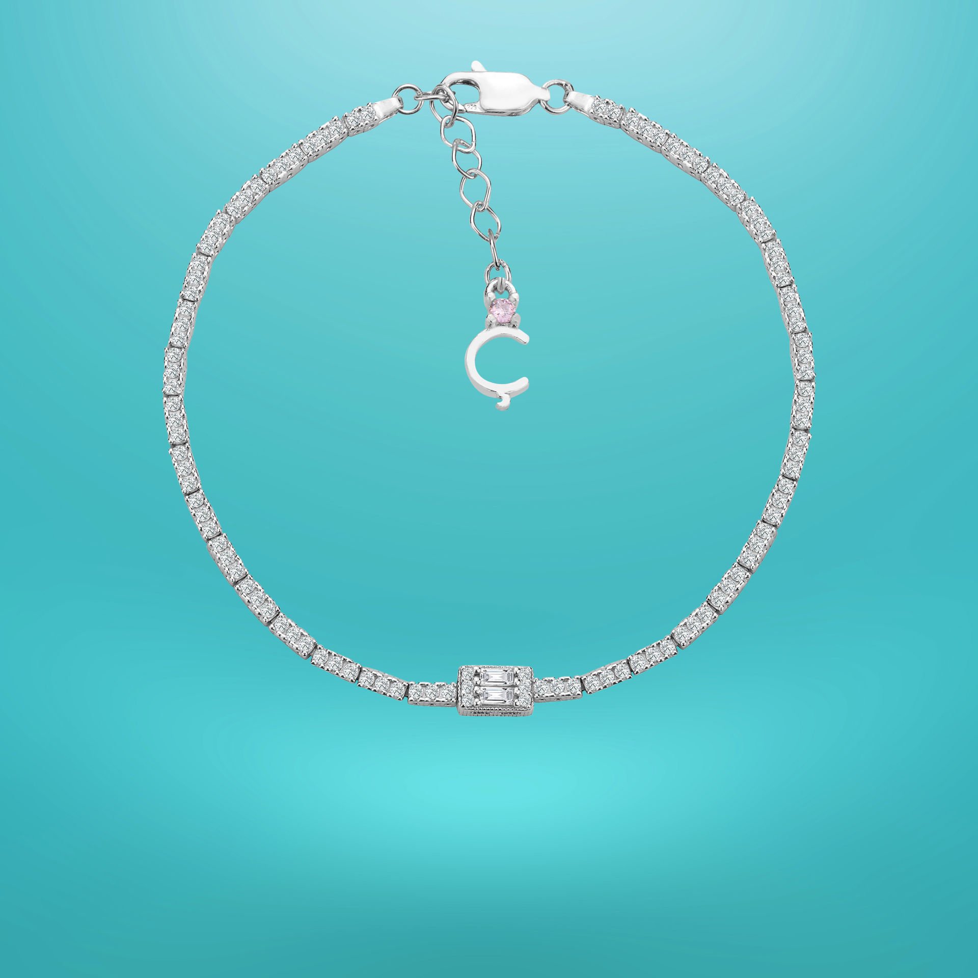 925 Ayar Gümüş Üç Taş Baget Zincir Harfli Su Yolu Bileklik Ç