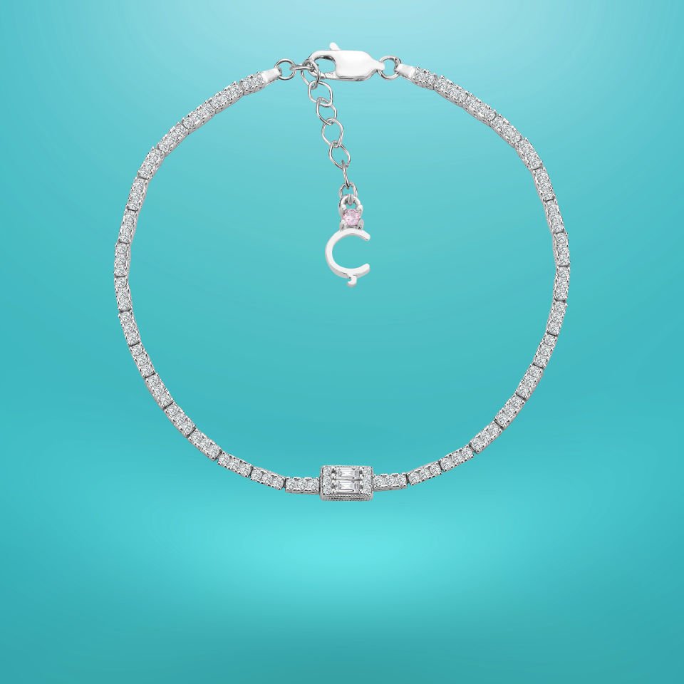 925 Ayar Gümüş Üç Taş Baget Zincir Harfli Su Yolu Bileklik Ç