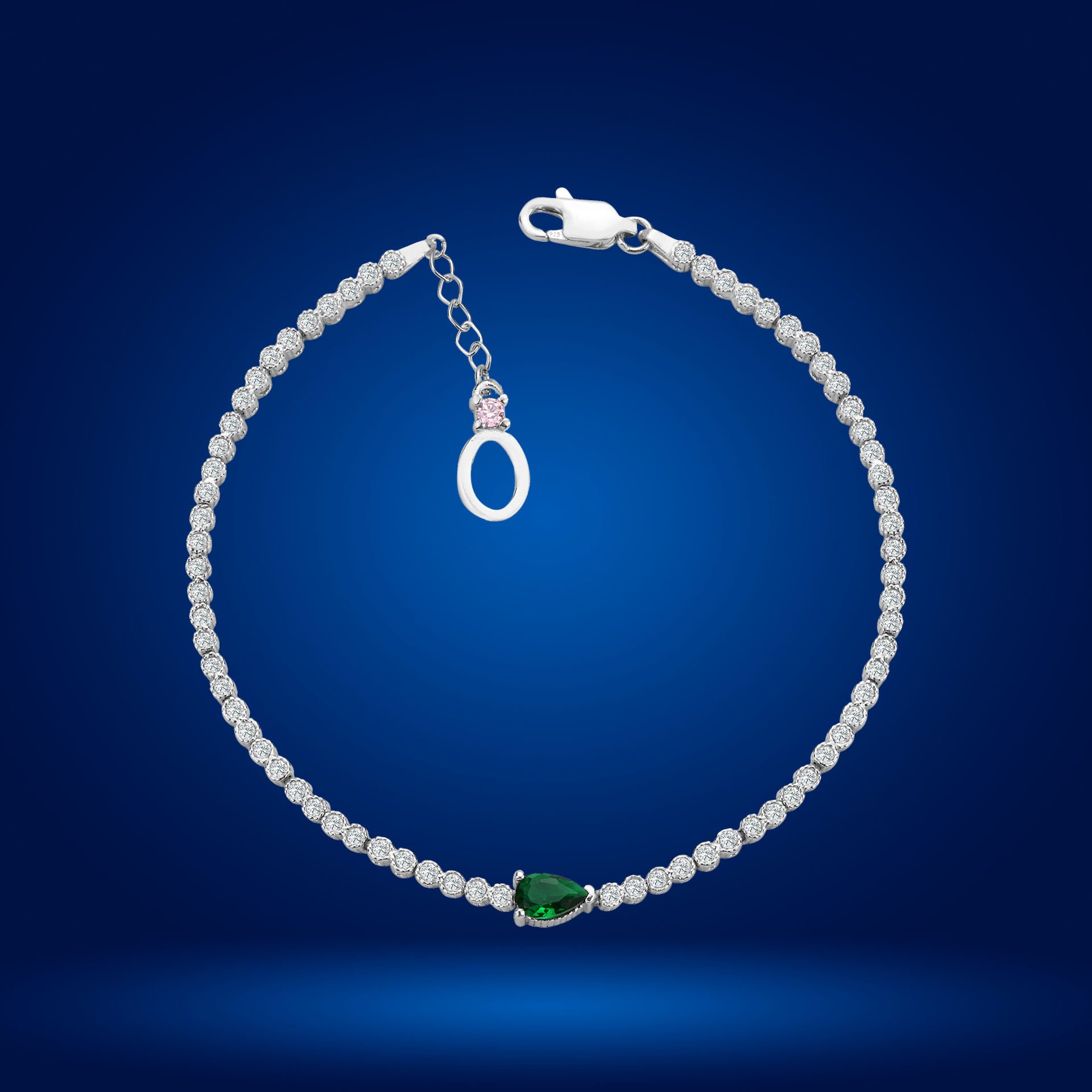 925 Ayar Gümüş Pırlanta Montürlü Damla Zincir Harfli Su Yolu Bileklik Ö