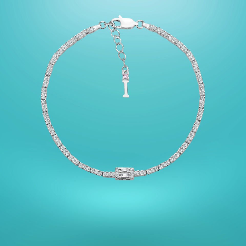 925 Ayar Gümüş Üç Taş Baget Zincir Harfli Su Yolu Bileklik İ