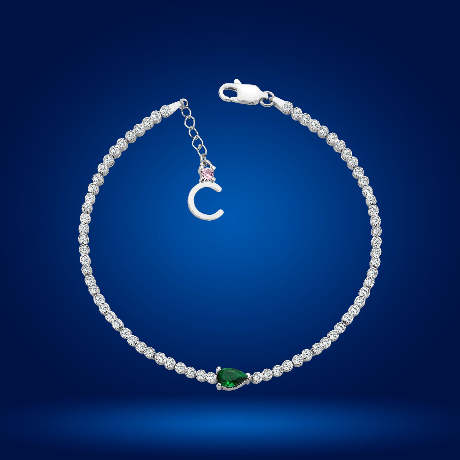 925 Ayar Gümüş Pırlanta Montürlü Damla Zincir Harfli Su Yolu Bileklik C