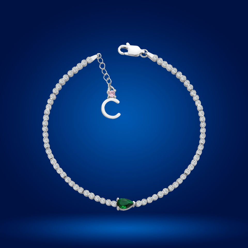 925 Ayar Gümüş Pırlanta Montürlü Damla Zincir Harfli Su Yolu Bileklik C