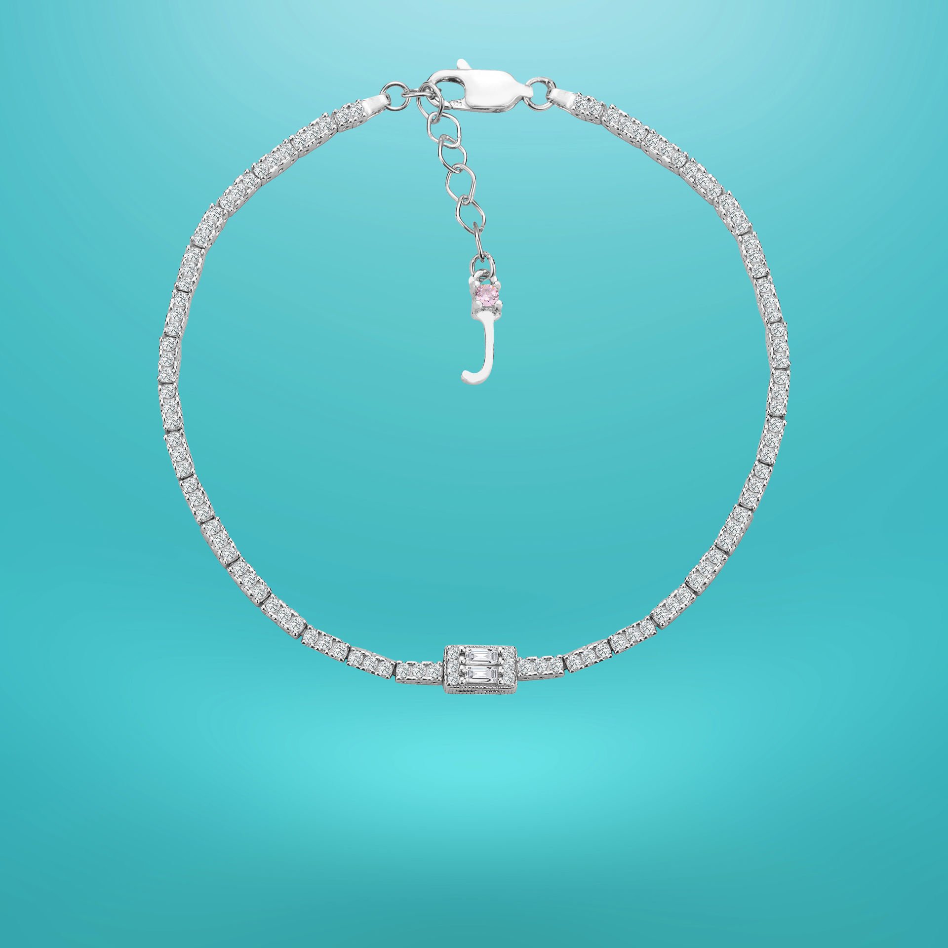 925 Ayar Gümüş Üç Taş Baget Zincir Harfli Su Yolu Bileklik J