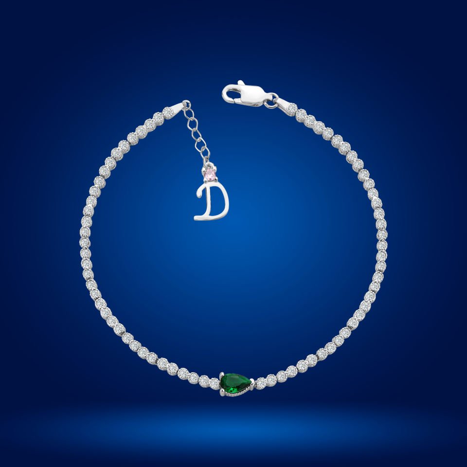 925 Ayar Gümüş Pırlanta Montürlü Damla Zincir Harfli Su Yolu Bileklik D