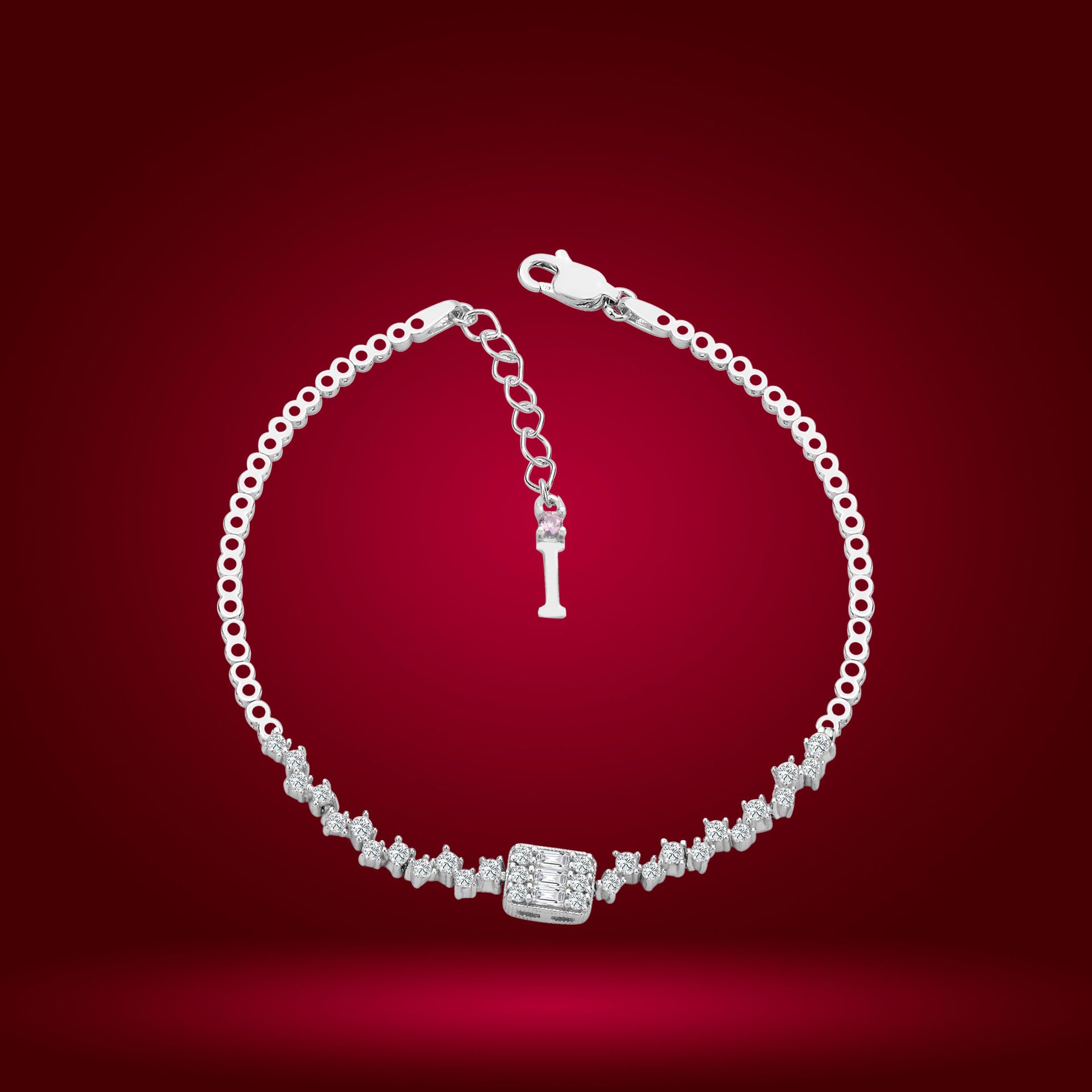 925 Ayar Gümüş Pırlanta Montürlü Baget Zincir Harfli Su Yolu Bileklik İ