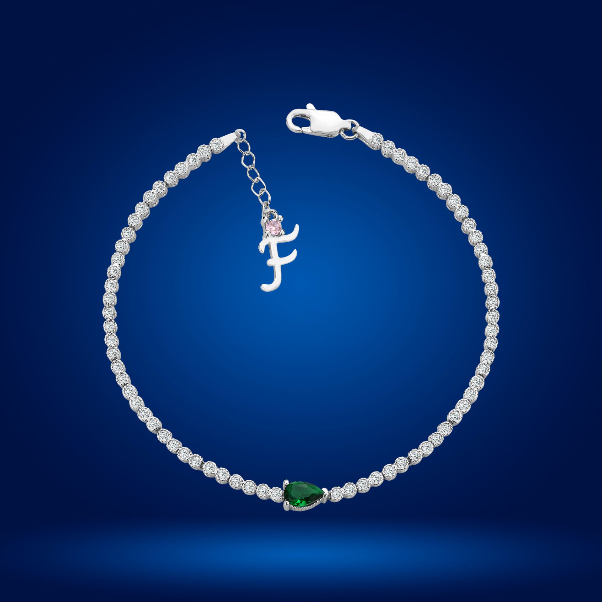 925 Ayar Gümüş Pırlanta Montürlü Damla Zincir Harfli Su Yolu Bileklik F