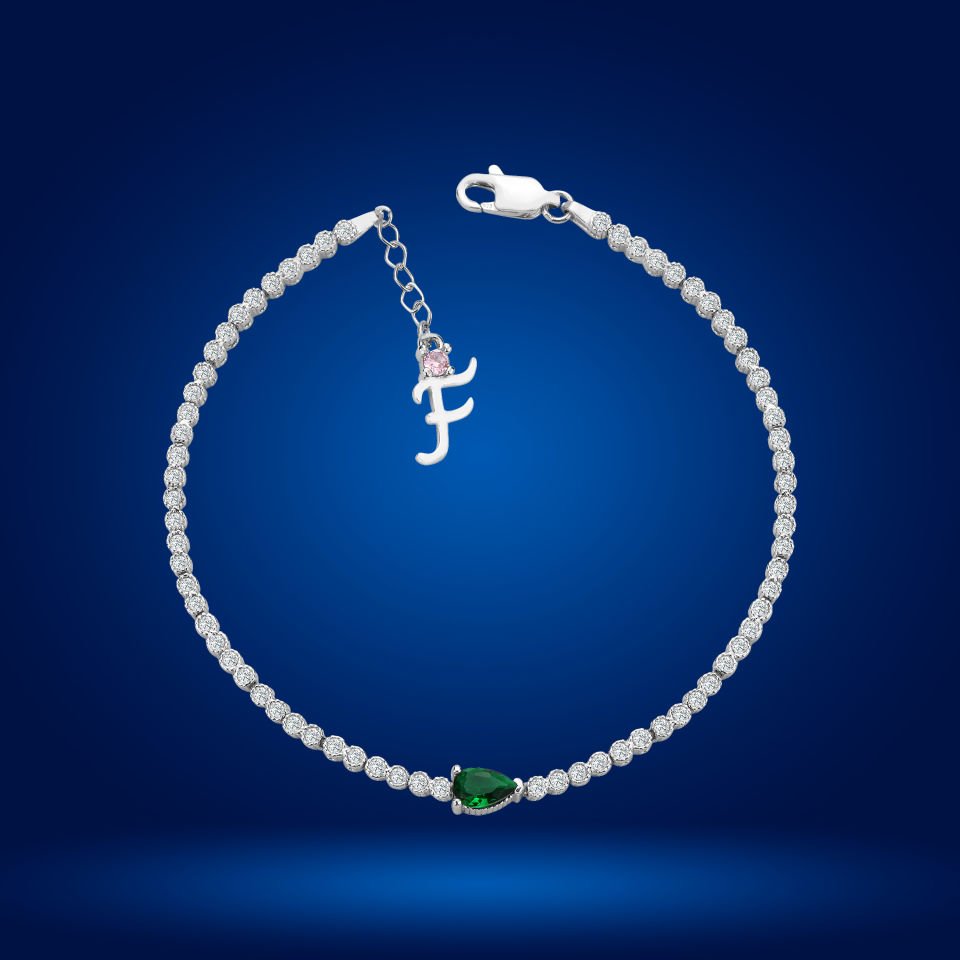 925 Ayar Gümüş Pırlanta Montürlü Damla Zincir Harfli Su Yolu Bileklik F