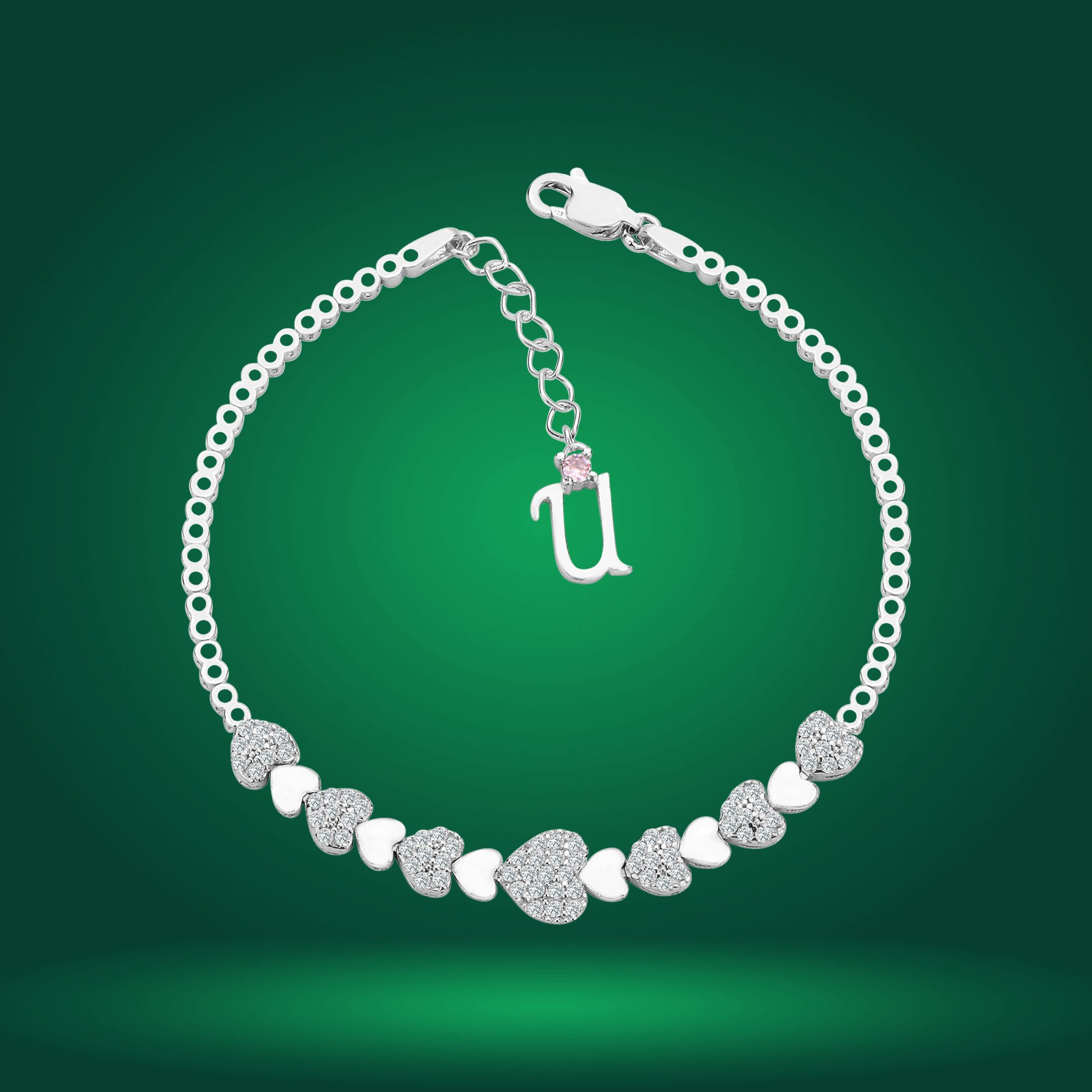 925 Ayar Gümüş Kalp Model Zincir Harfli Su Yolu Bileklik Ü