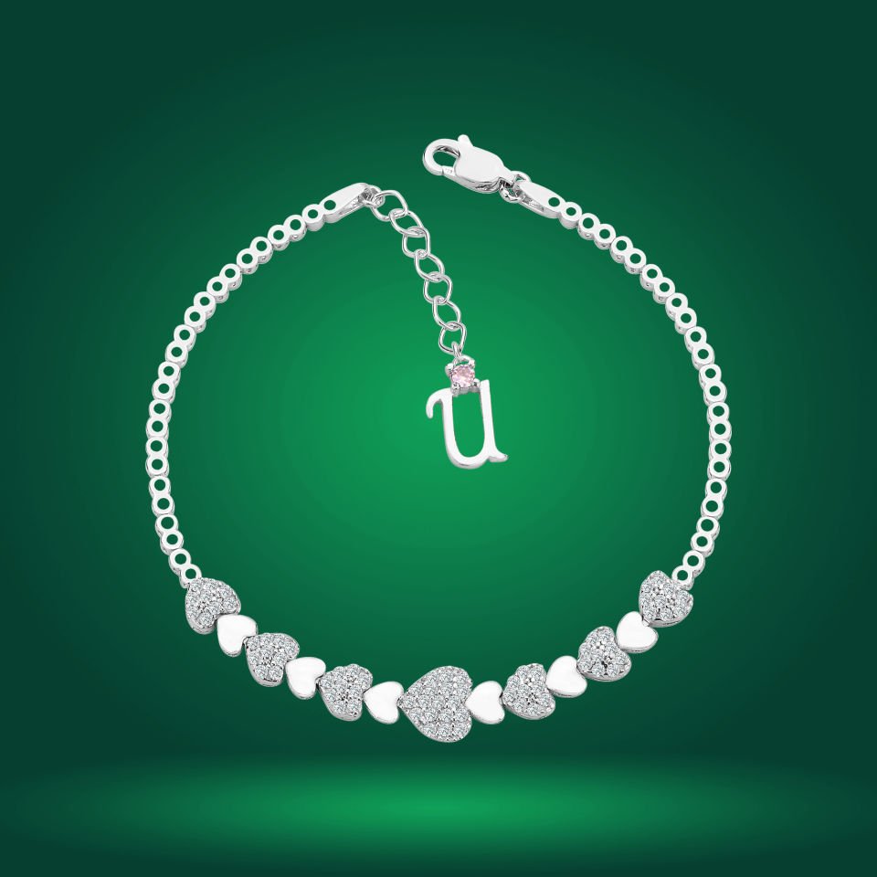 925 Ayar Gümüş Kalp Model Zincir Harfli Su Yolu Bileklik Ü