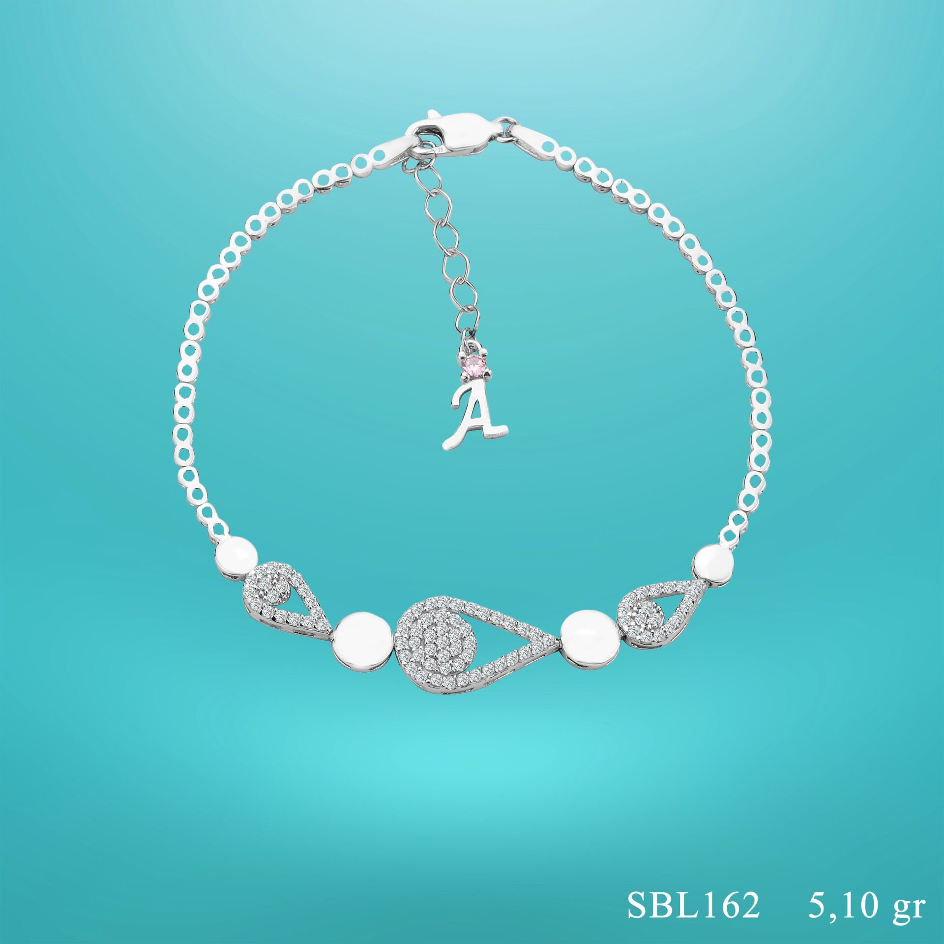 925 Ayar Gümüş Damla Zincir Harfli Su Yolu Bileklik