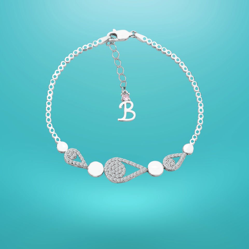 925 Ayar Gümüş Damla Zincir Harfli Su Yolu Bileklik B