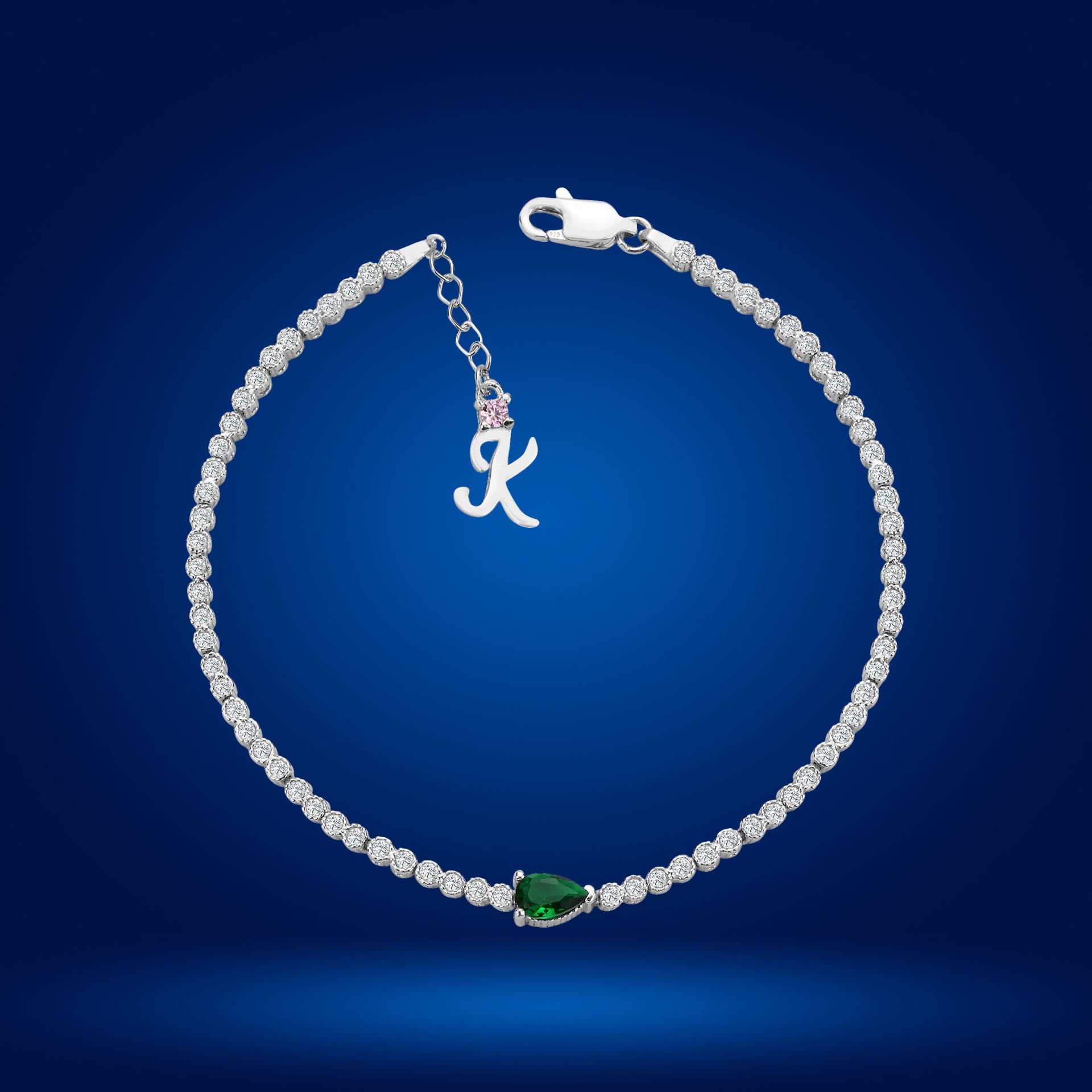 925 Ayar Gümüş Pırlanta Montürlü Damla Zincir Harfli Su Yolu Bileklik K